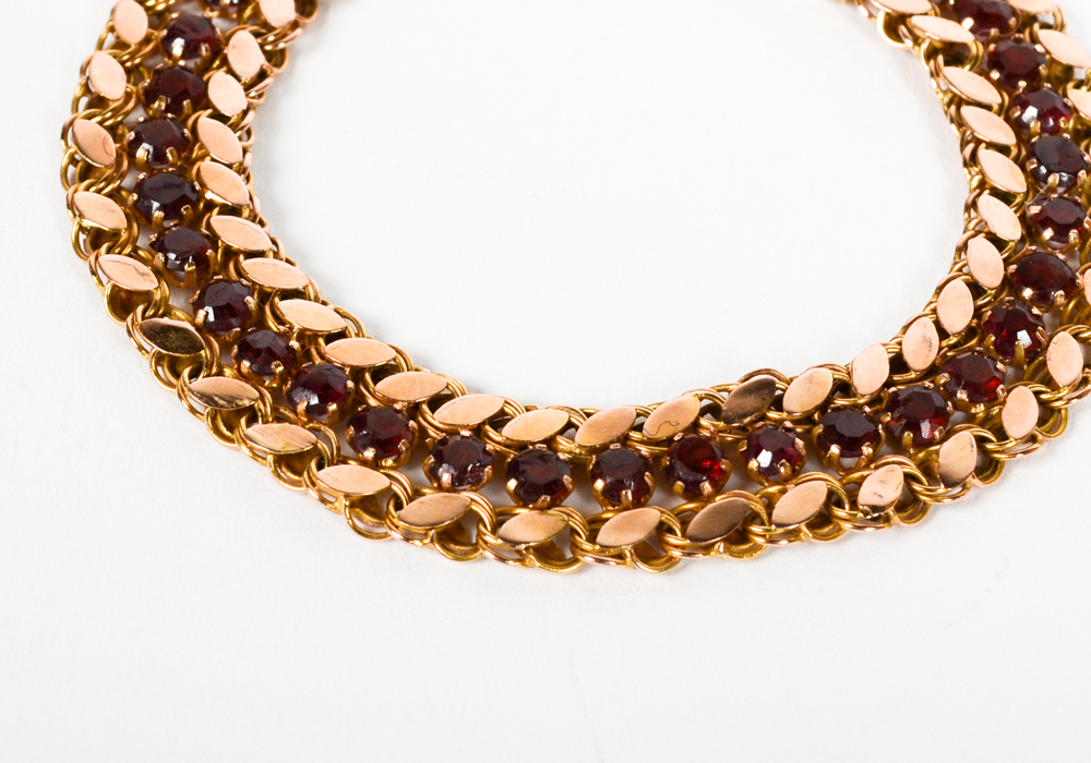 14K Yellow Gold Garnet Flat Link Bracelet