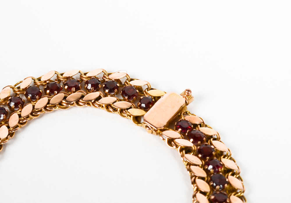 14K Yellow Gold Garnet Flat Link Bracelet