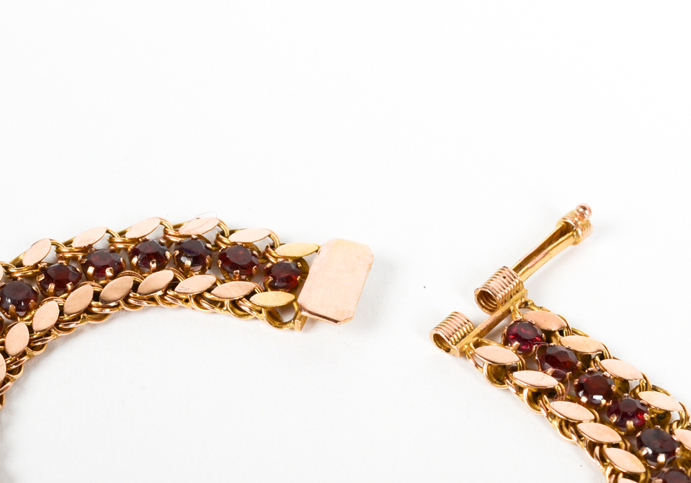 14K Yellow Gold Garnet Flat Link Bracelet