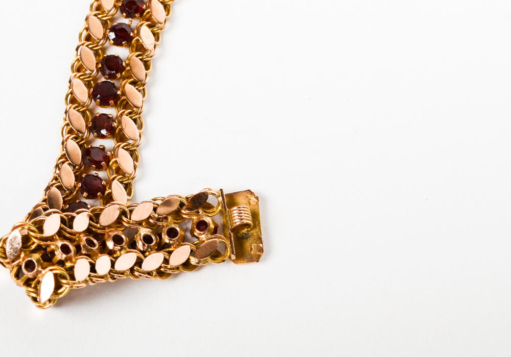 14K Yellow Gold Garnet Flat Link Bracelet