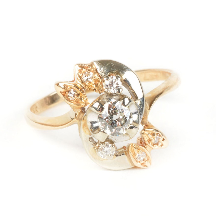 14K White and Yellow Gold Floral Diamond Ring