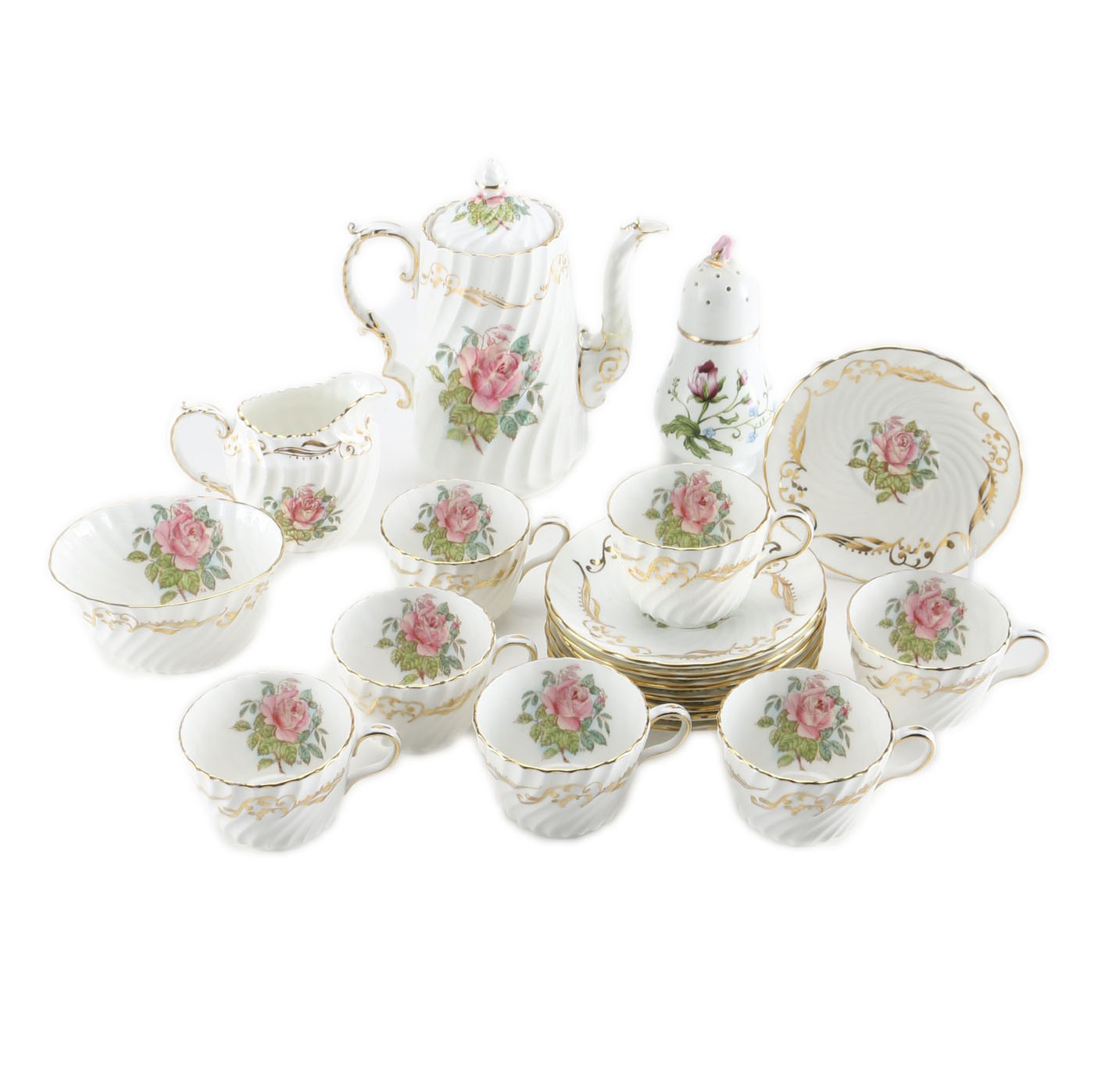 Aynsley Swirling Pink Rose Bone China Tea Set
