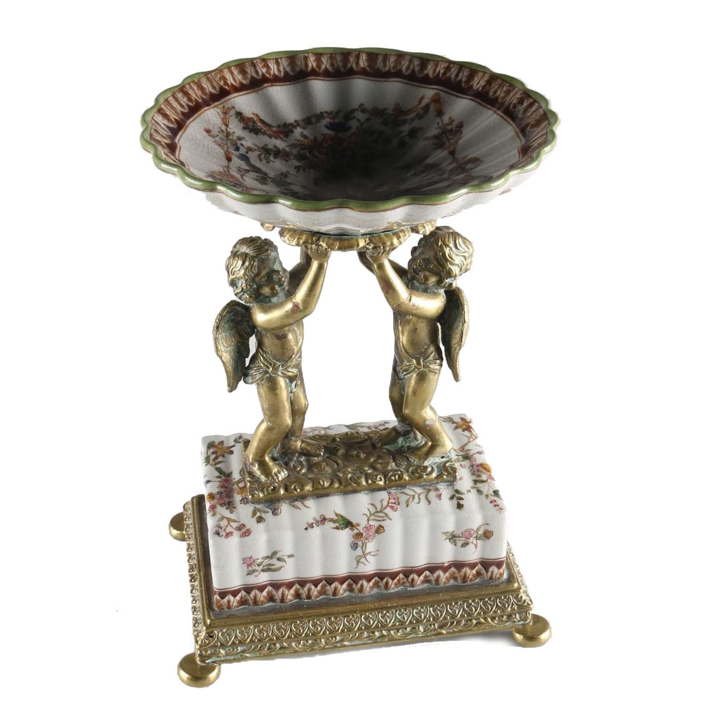 William Lowe Ceramic and Brass Cherub Tray