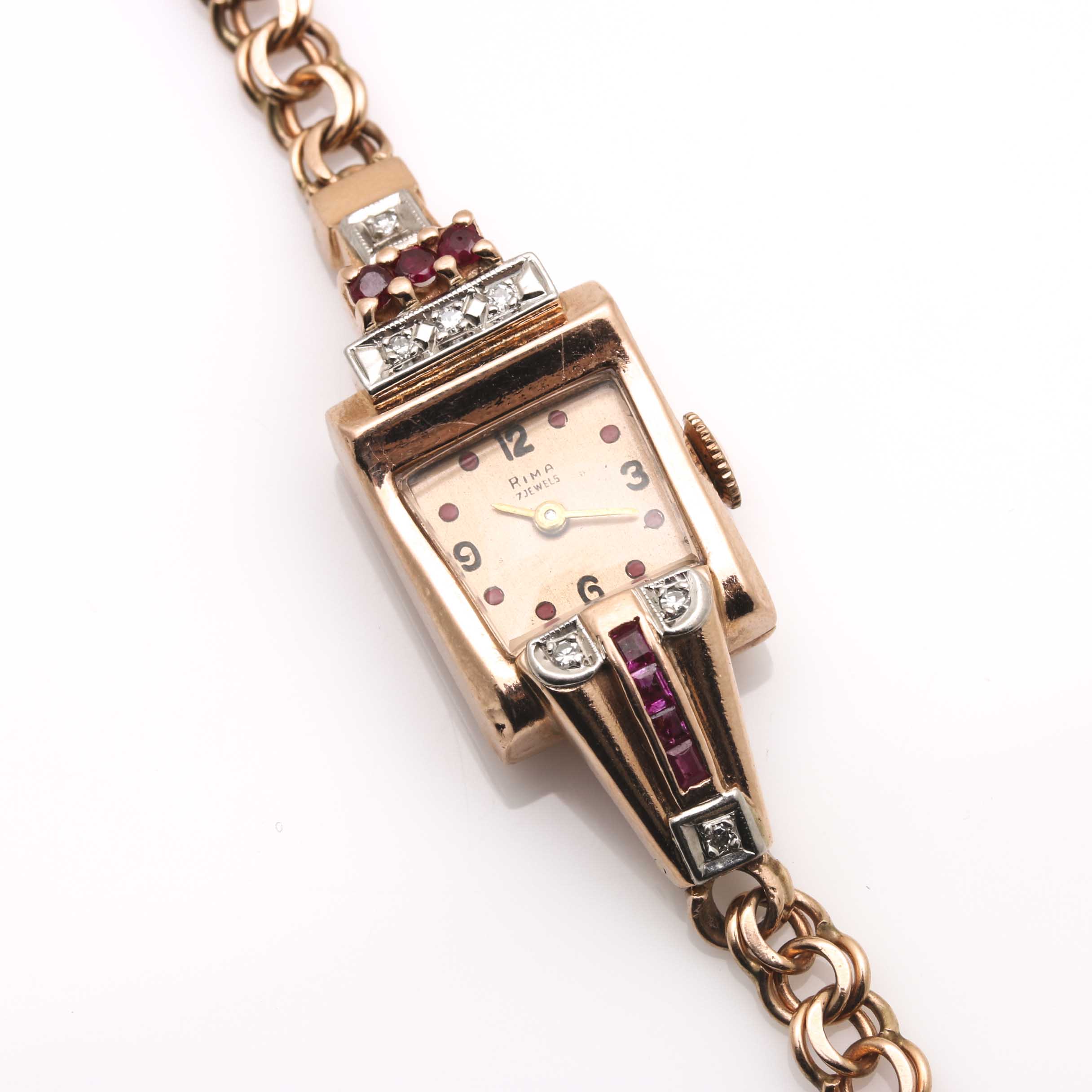 Vintage Women's Rima 14K Rose Gold Diamond and Ruby Watch