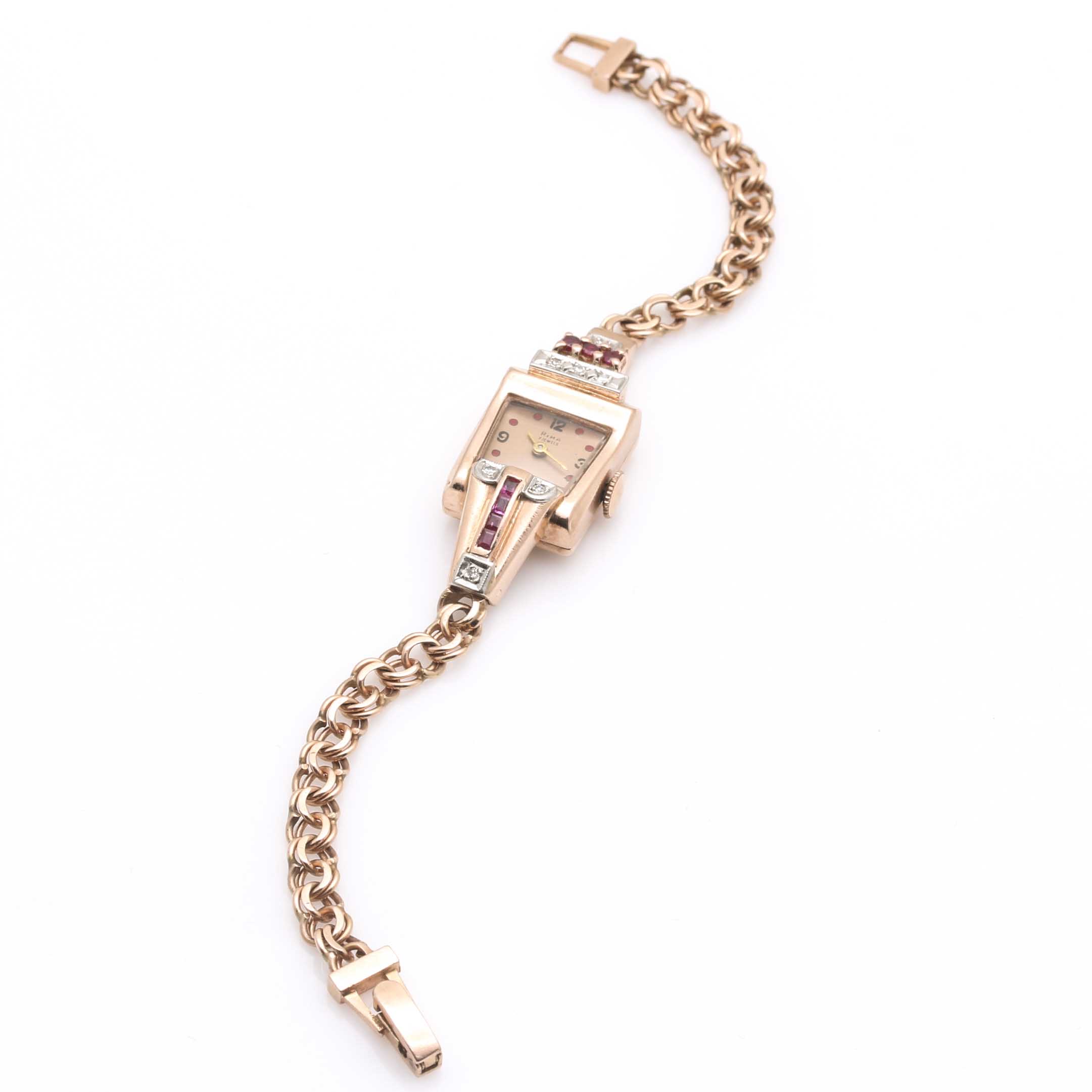 Vintage Women's Rima 14K Rose Gold Diamond and Ruby Watch