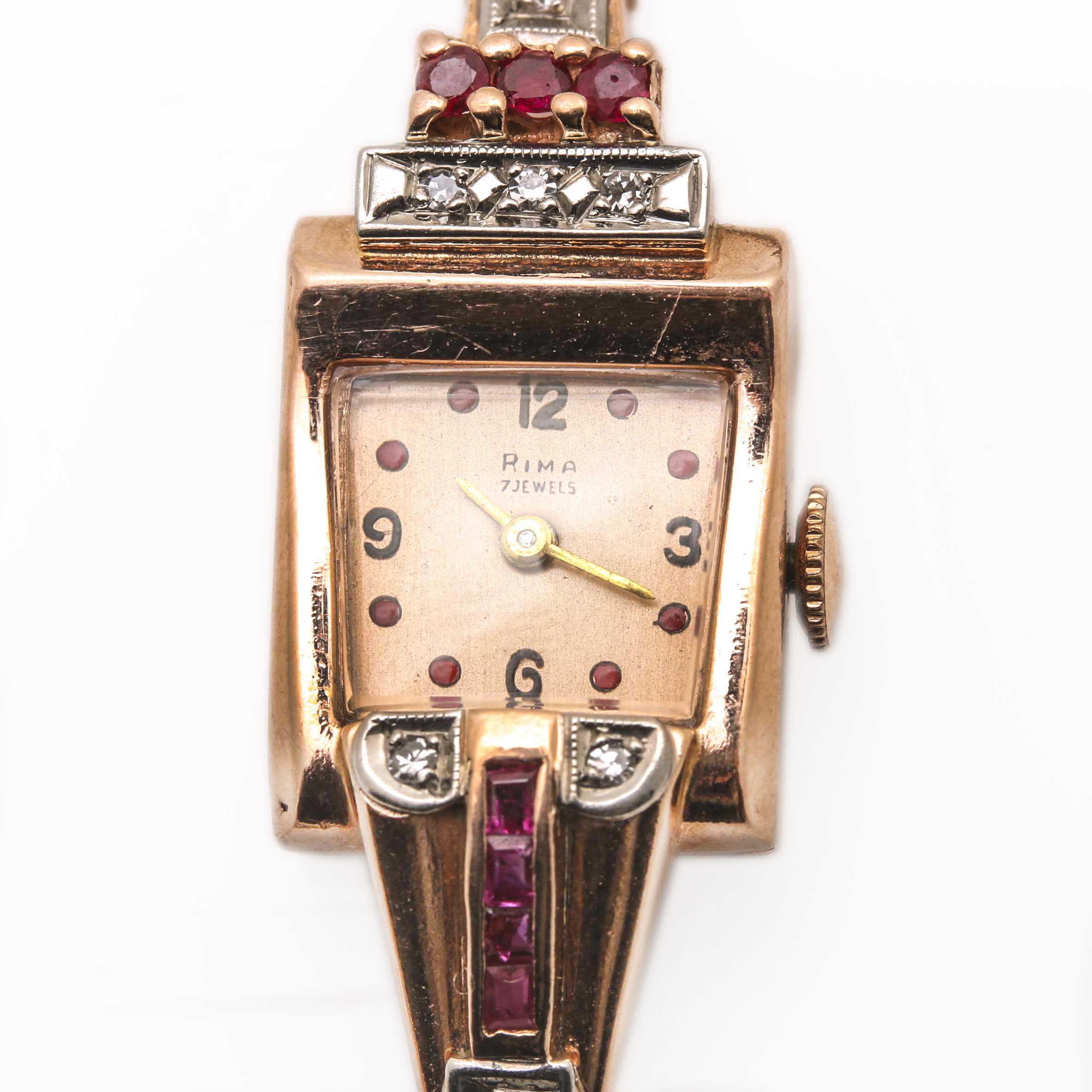 Vintage Women's Rima 14K Rose Gold Diamond and Ruby Watch