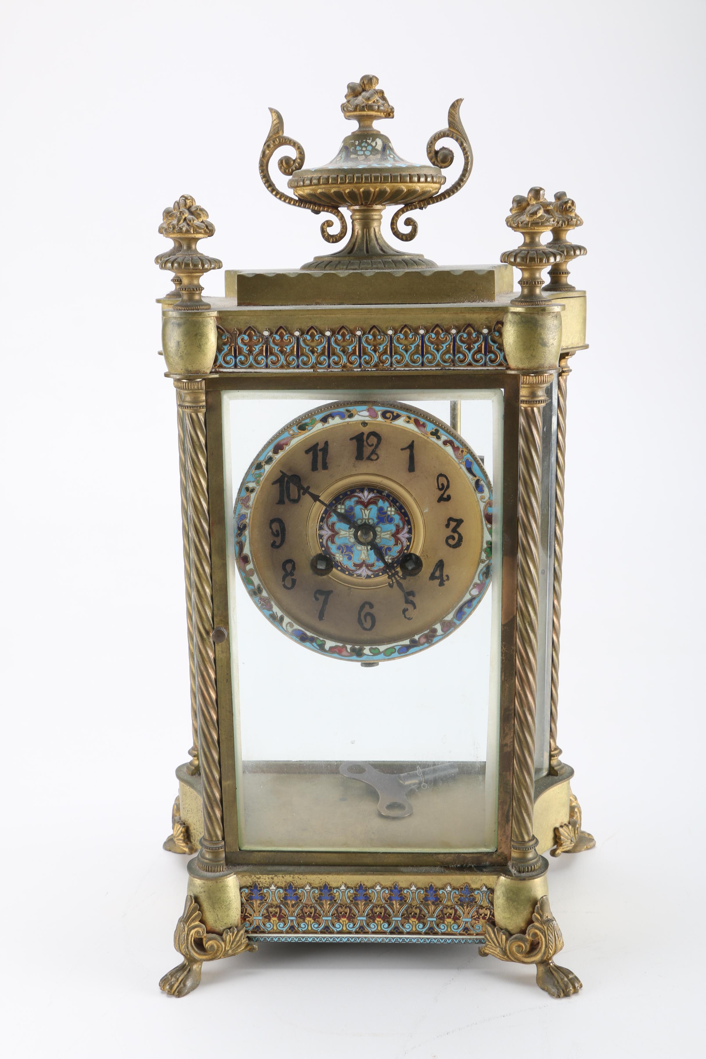 Vintage French Cloisonné Enamel and Brass Mantel Clock