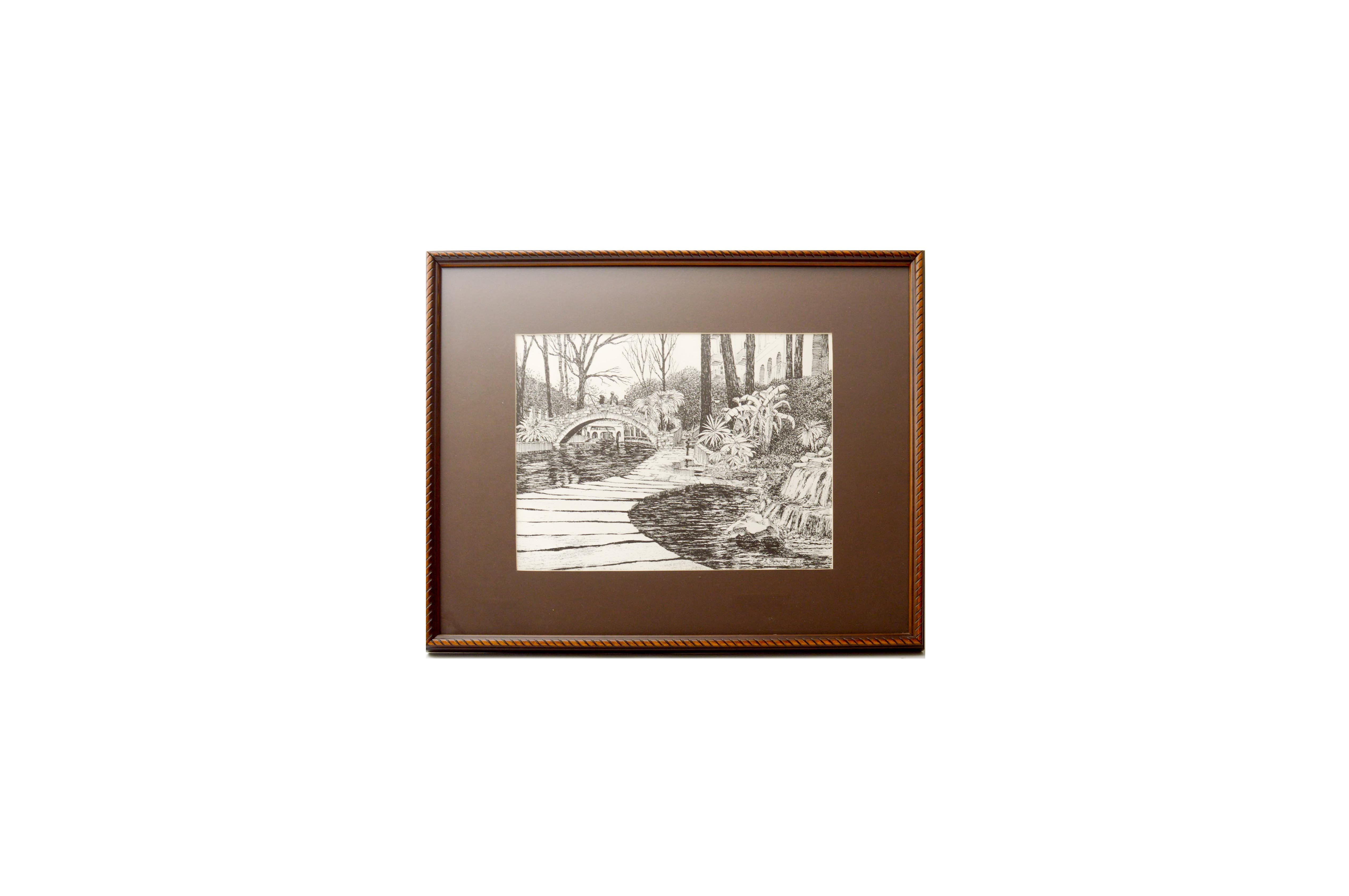 1982 Ink Drawing of  San Antonio Riverwalk