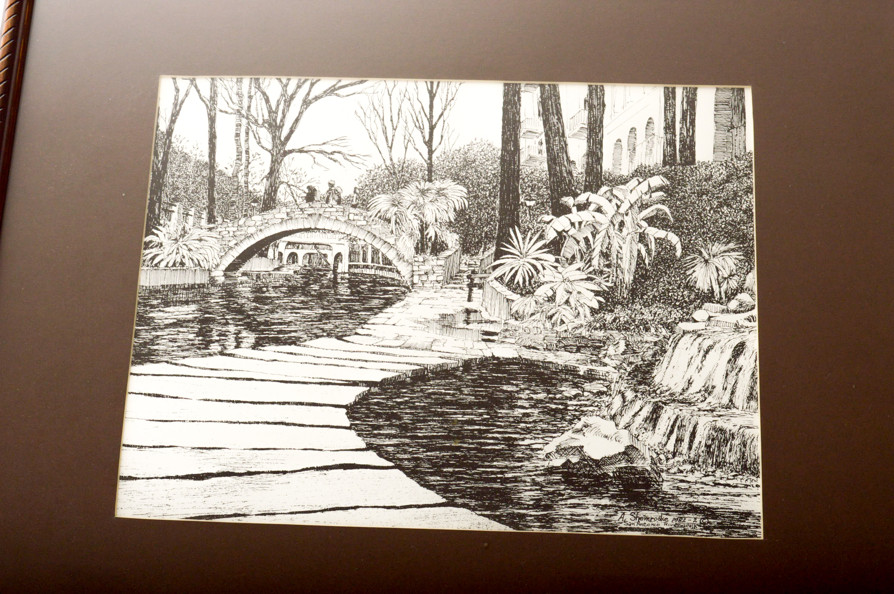 1982 Ink Drawing of  San Antonio Riverwalk