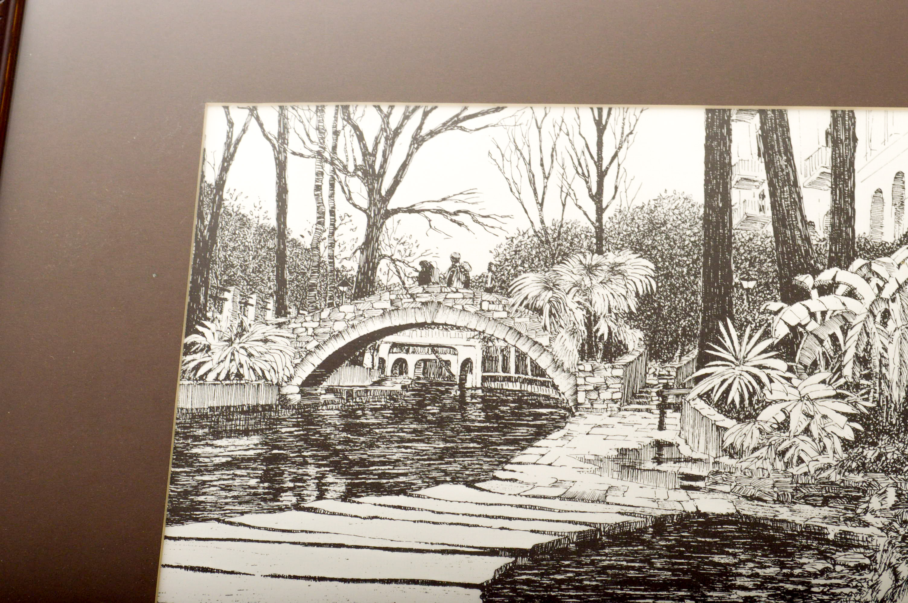 1982 Ink Drawing of  San Antonio Riverwalk