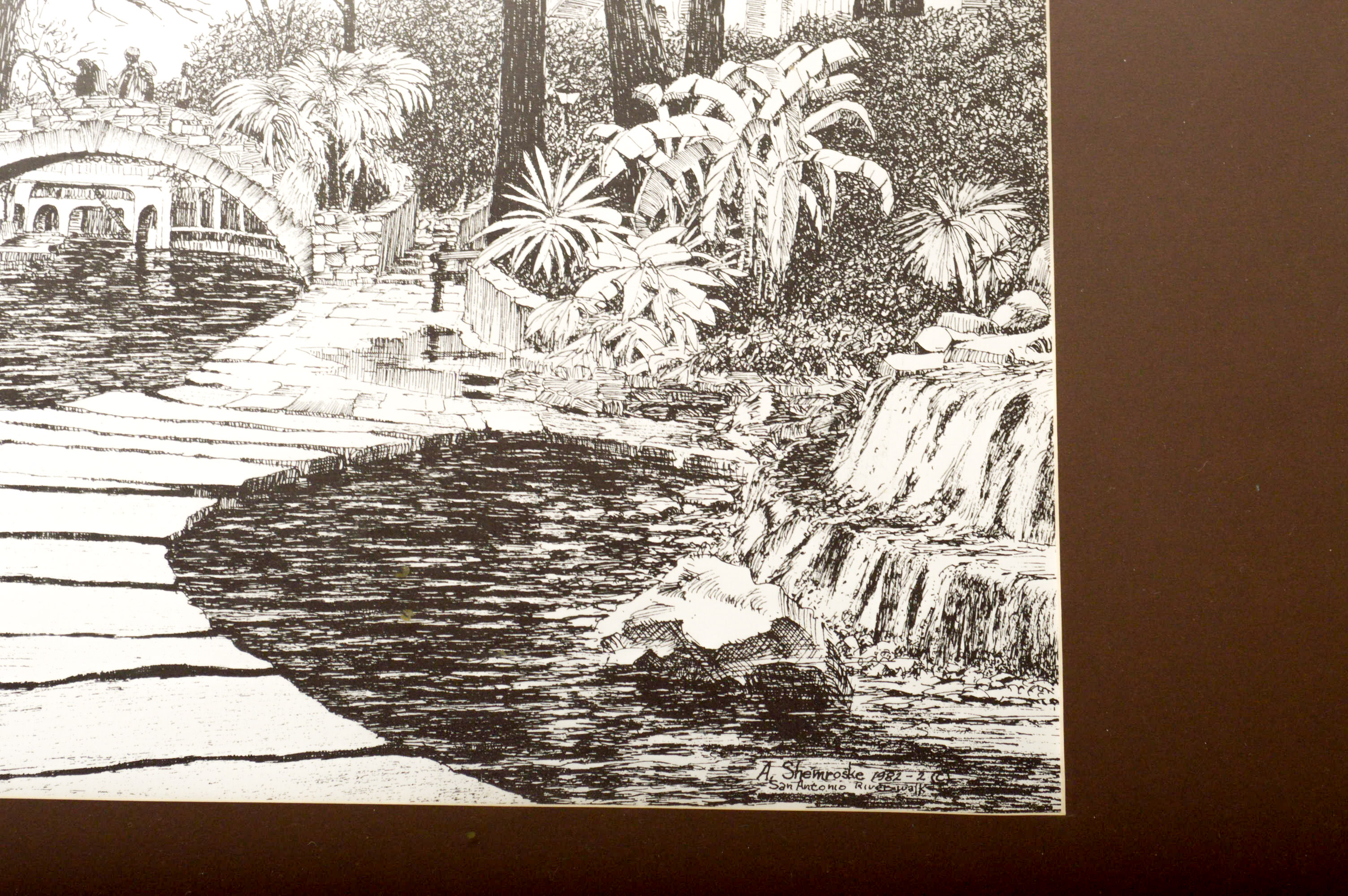 1982 Ink Drawing of  San Antonio Riverwalk