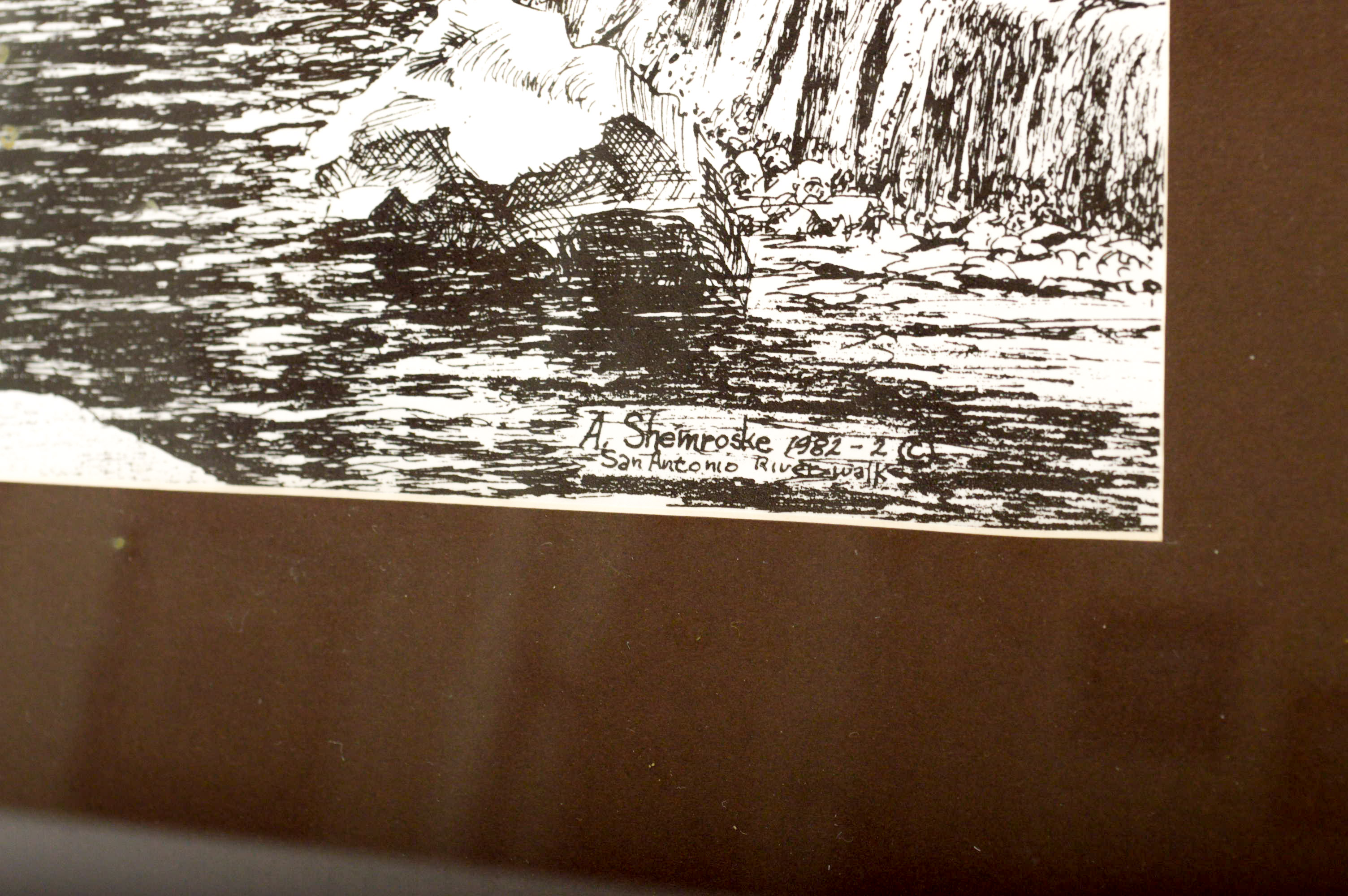 1982 Ink Drawing of  San Antonio Riverwalk