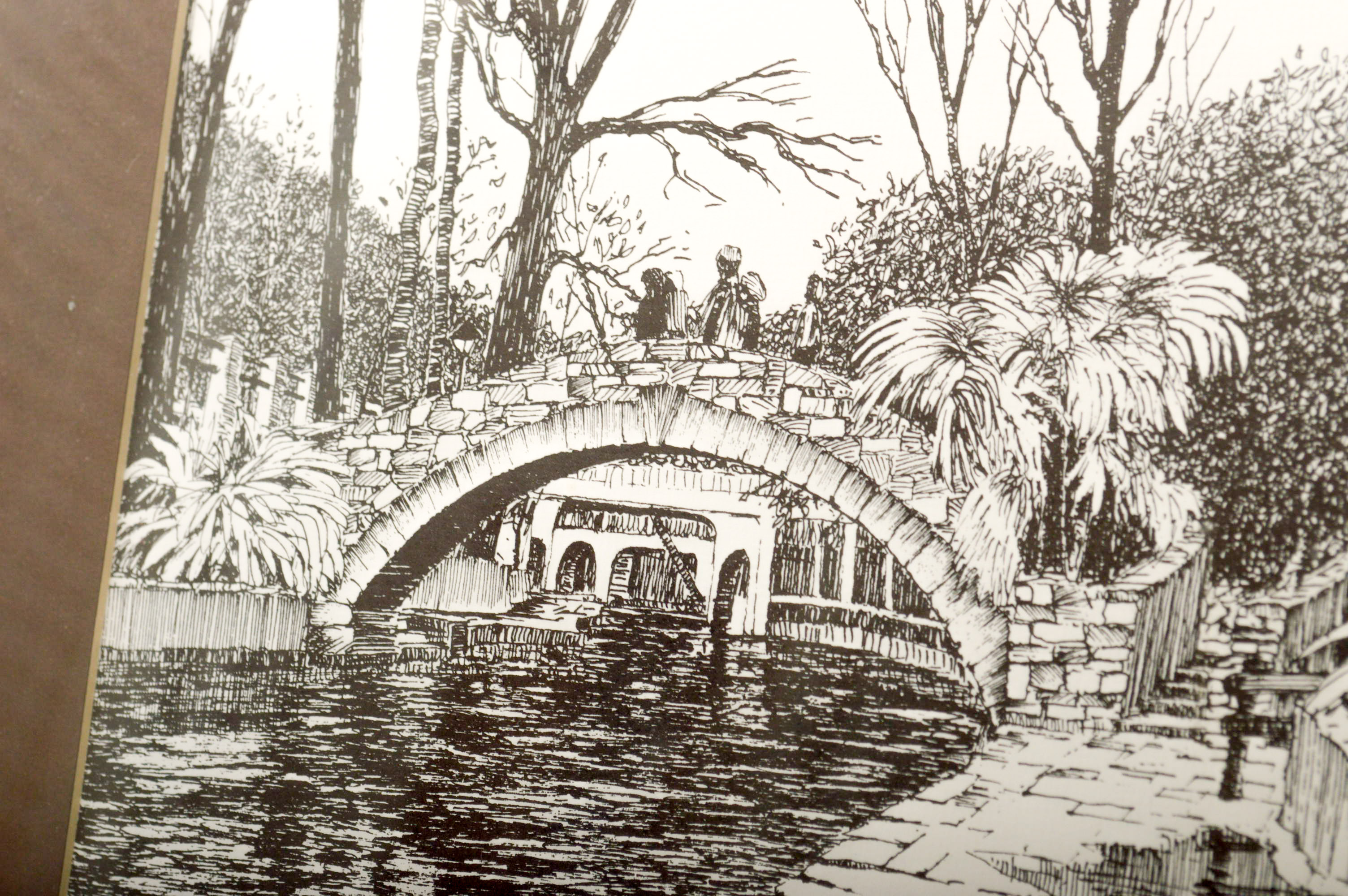 1982 Ink Drawing of  San Antonio Riverwalk