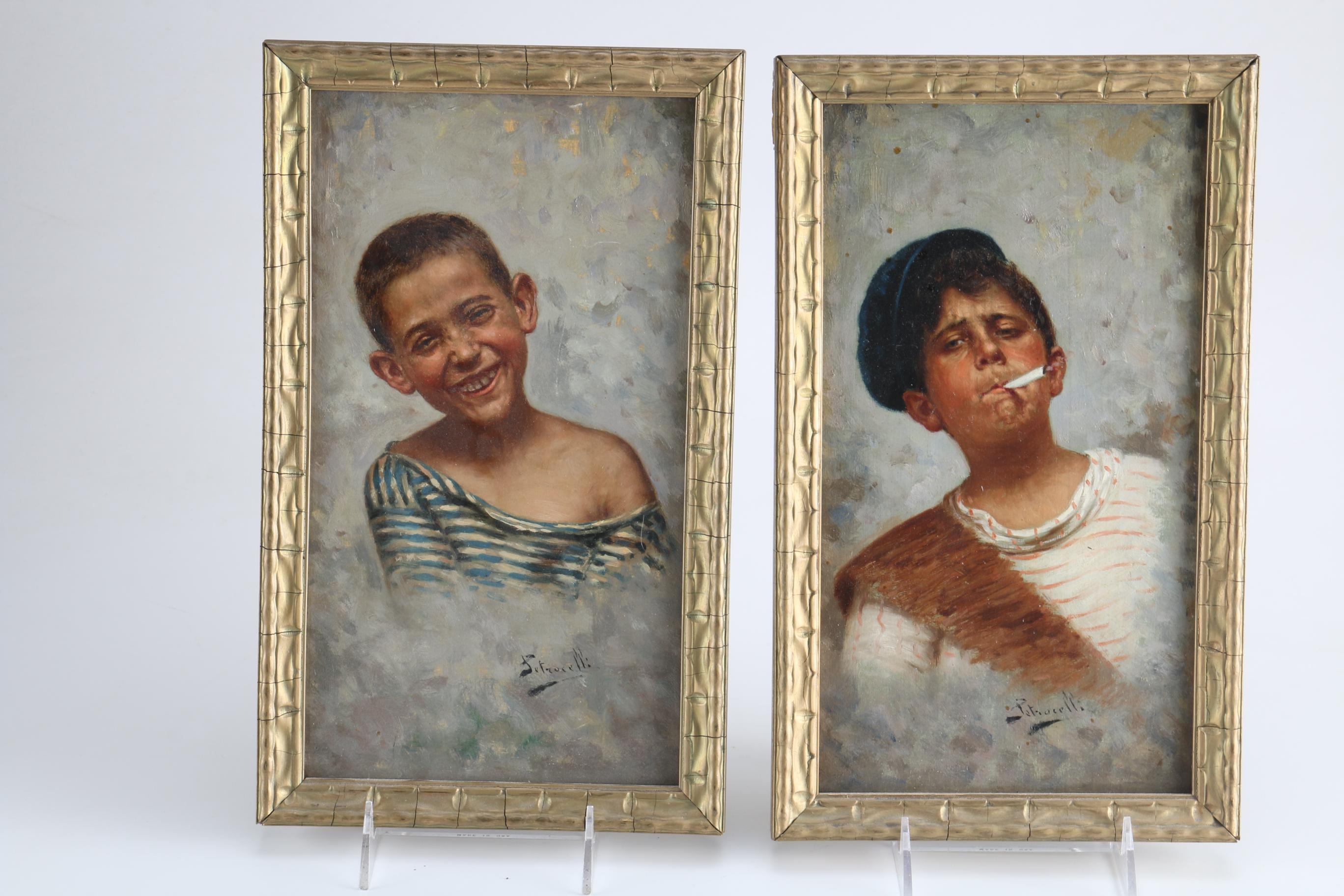 Arturo Petrocelli Oil on Board Portraits of Neapolitan Boys