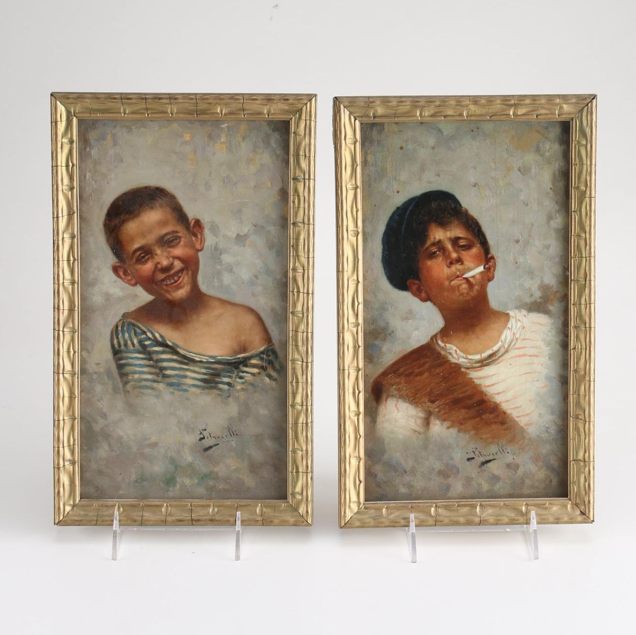 Arturo Petrocelli Oil on Board Portraits of Neapolitan Boys