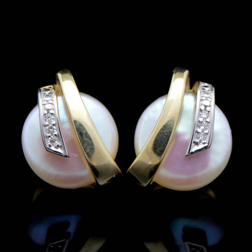 14K Yellow Gold, Pearl and Diamond Button Earrings