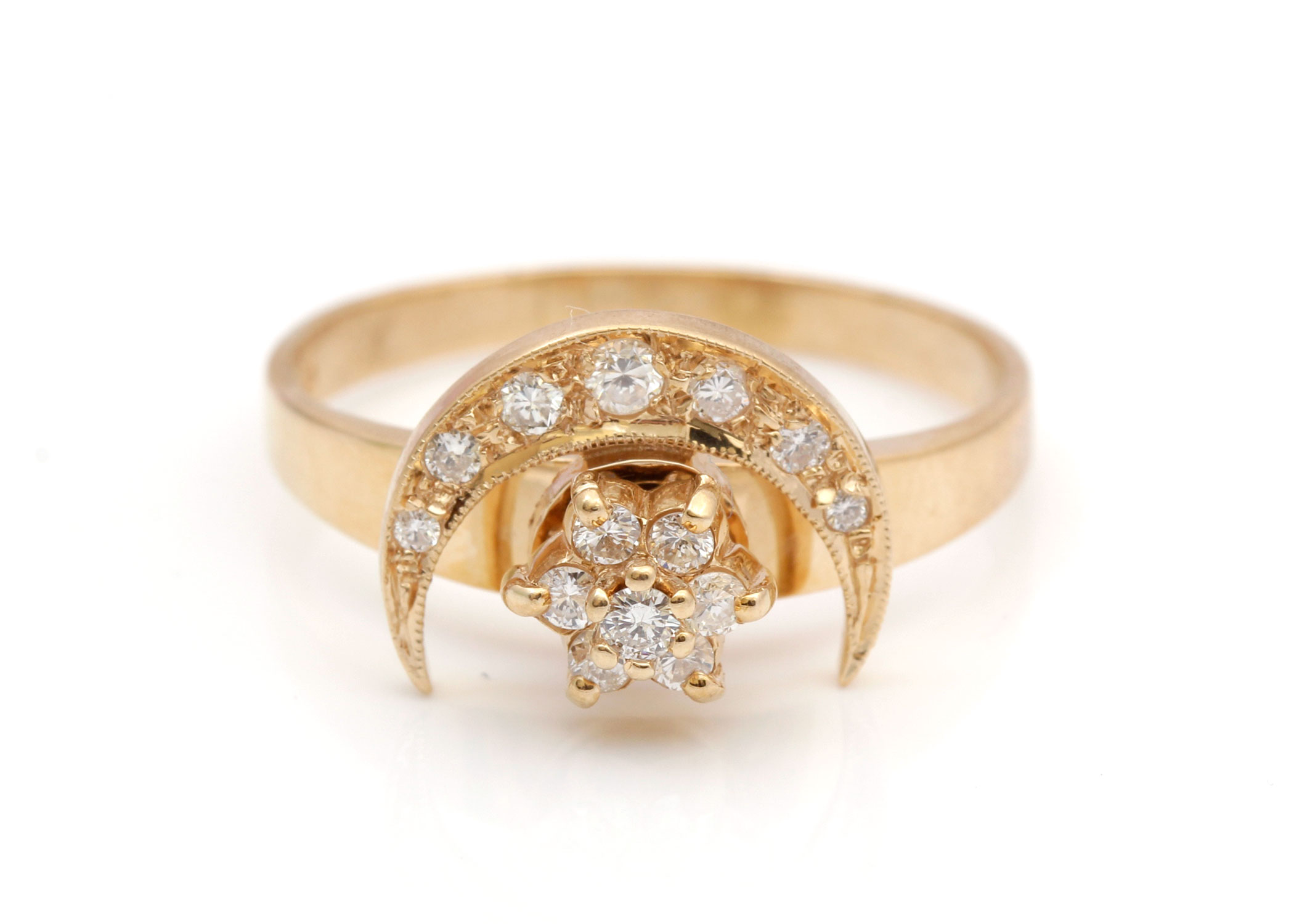 14K Yellow Gold Moon and Star Motion Diamond Ring