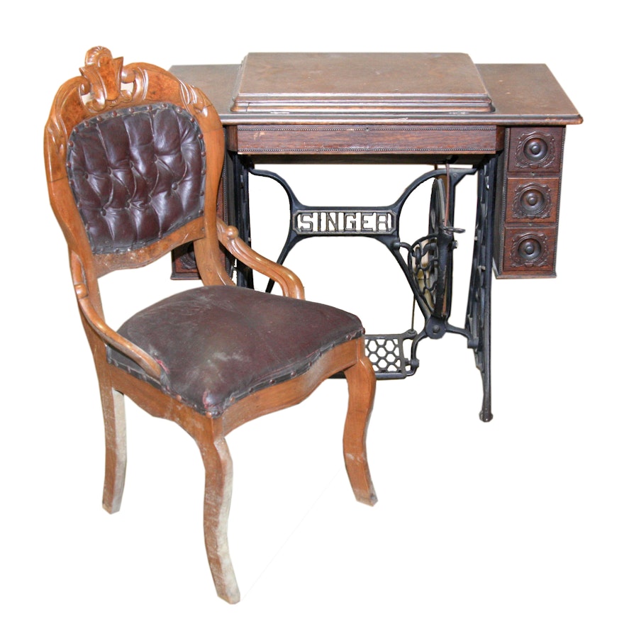 Antique Singer Sewing Machine and Table With Chair