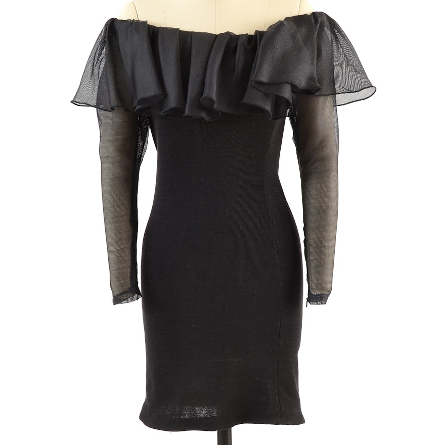 Yves Saint Laurent Rive Gauche Black Knit and Ruffled Mesh Off-The-Shoulder Body Con Dress