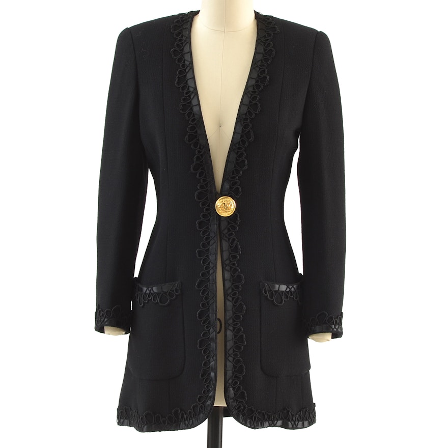 Chanel Boutique CC Logo Single Button Front Black Wool Suit Jacket