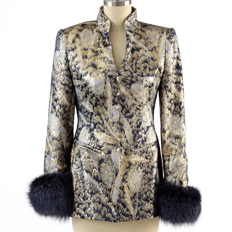 Escada Couture Metallic Gold and Midnight Blue Brocade Jacket with Dyed Fox Fur Sleeve Cuffs Susan Wore at "For the Love of Literacy" Benefit Auction