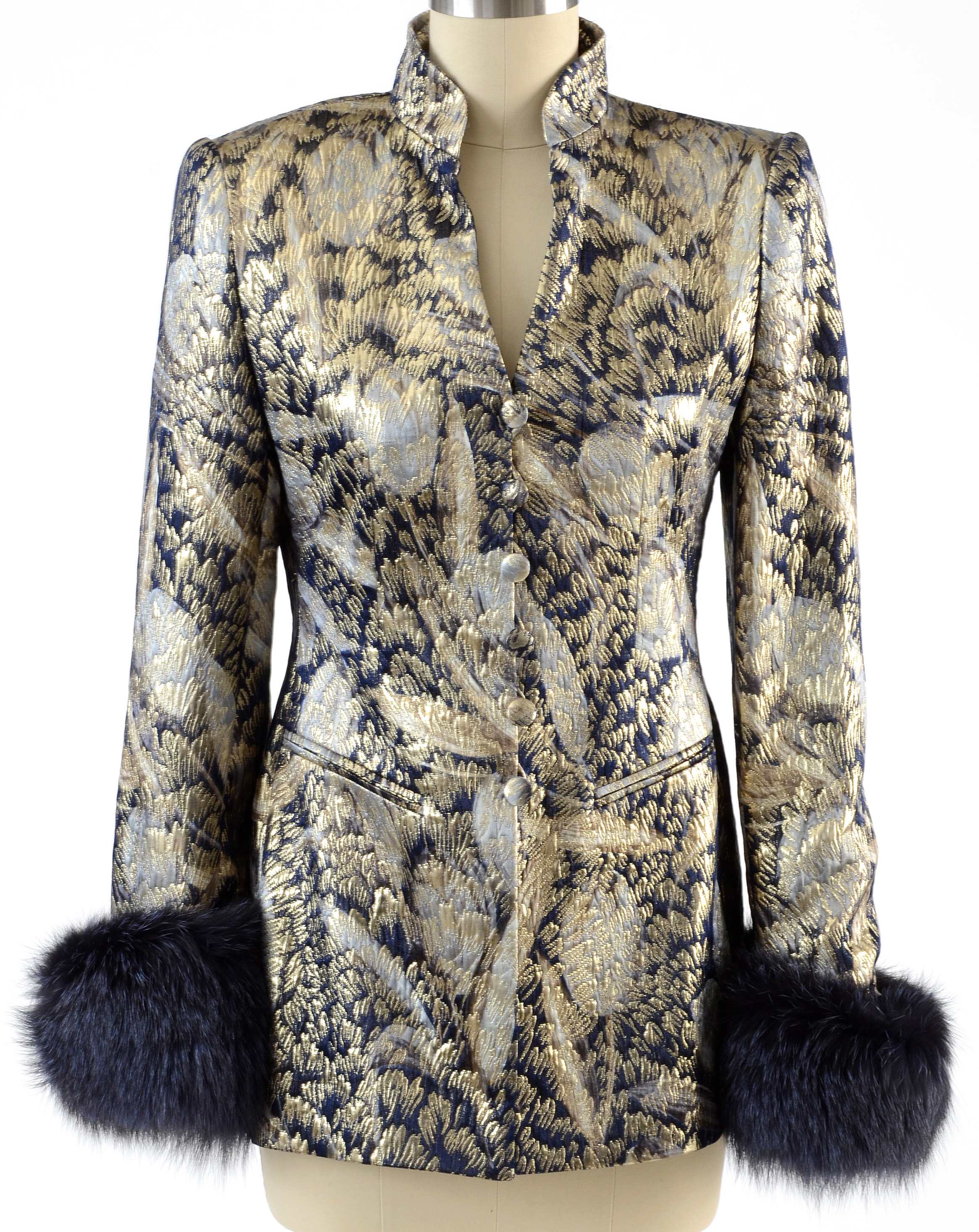 Escada Couture Metallic Gold and Midnight Blue Brocade Jacket with Dyed Fox Fur Sleeve Cuffs Susan Wore at "For the Love of Literacy" Benefit Auction
