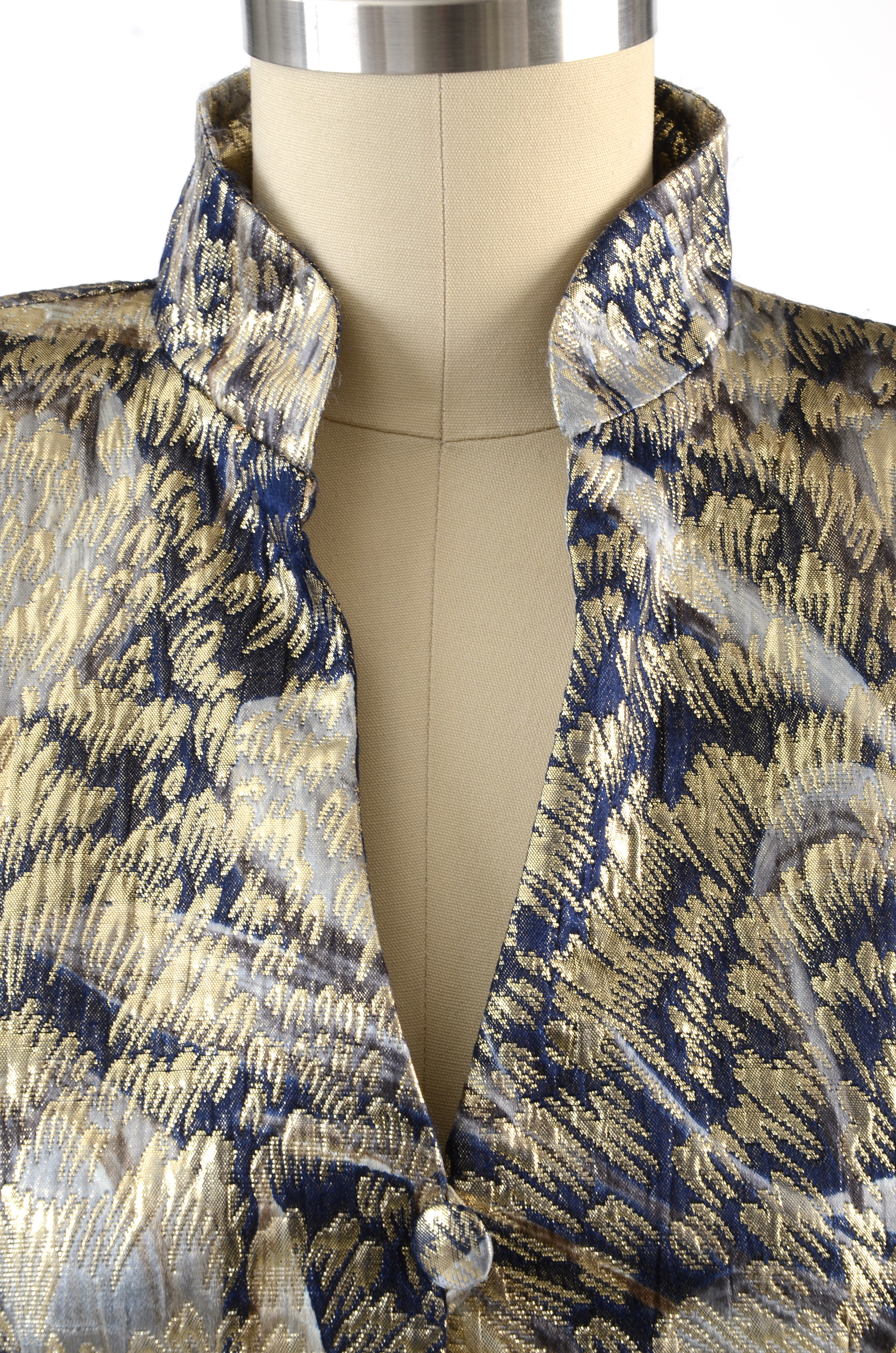Escada Couture Metallic Gold and Midnight Blue Brocade Jacket with Dyed Fox Fur Sleeve Cuffs Susan Wore at "For the Love of Literacy" Benefit Auction