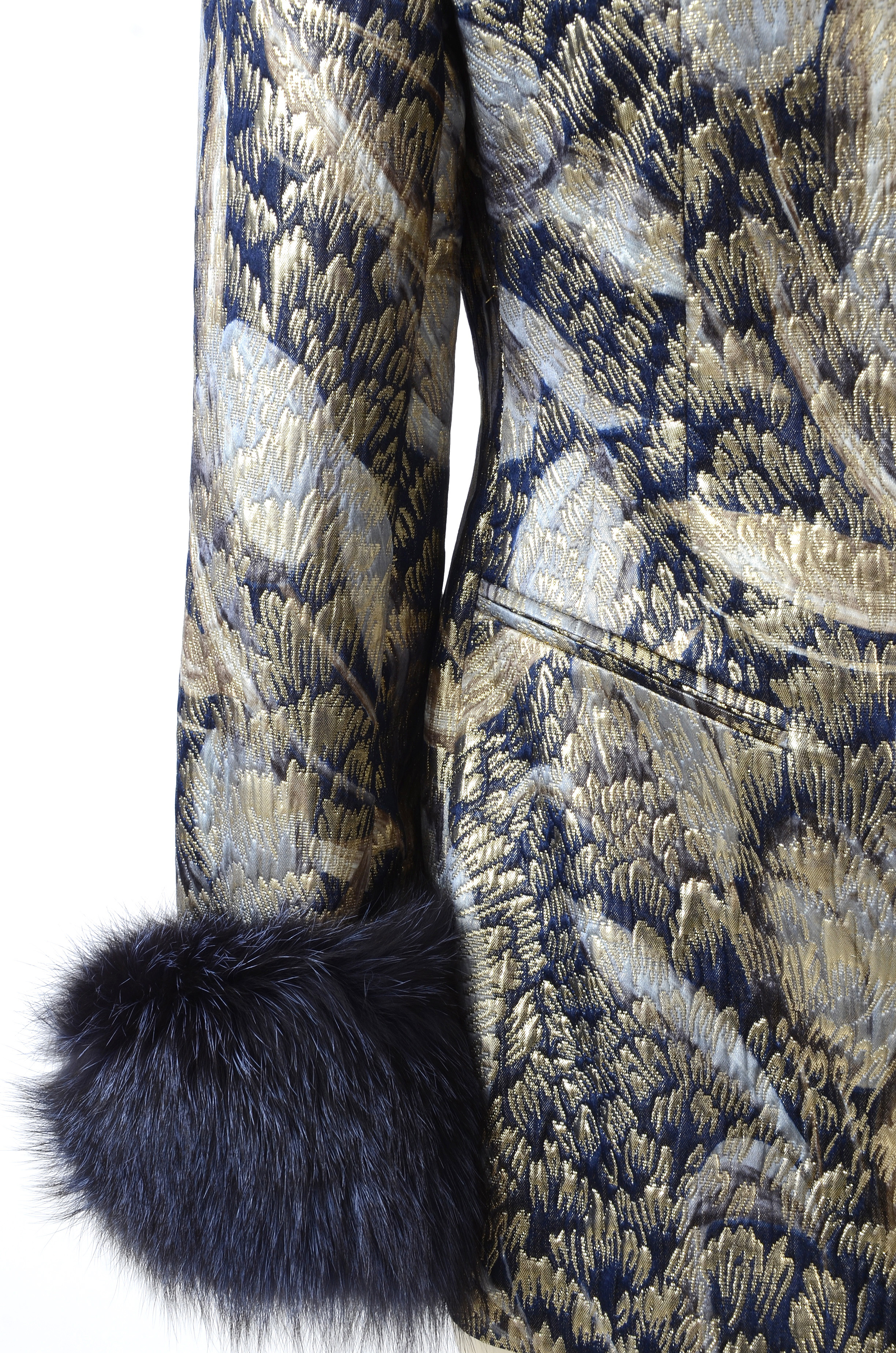 Escada Couture Metallic Gold and Midnight Blue Brocade Jacket with Dyed Fox Fur Sleeve Cuffs Susan Wore at "For the Love of Literacy" Benefit Auction