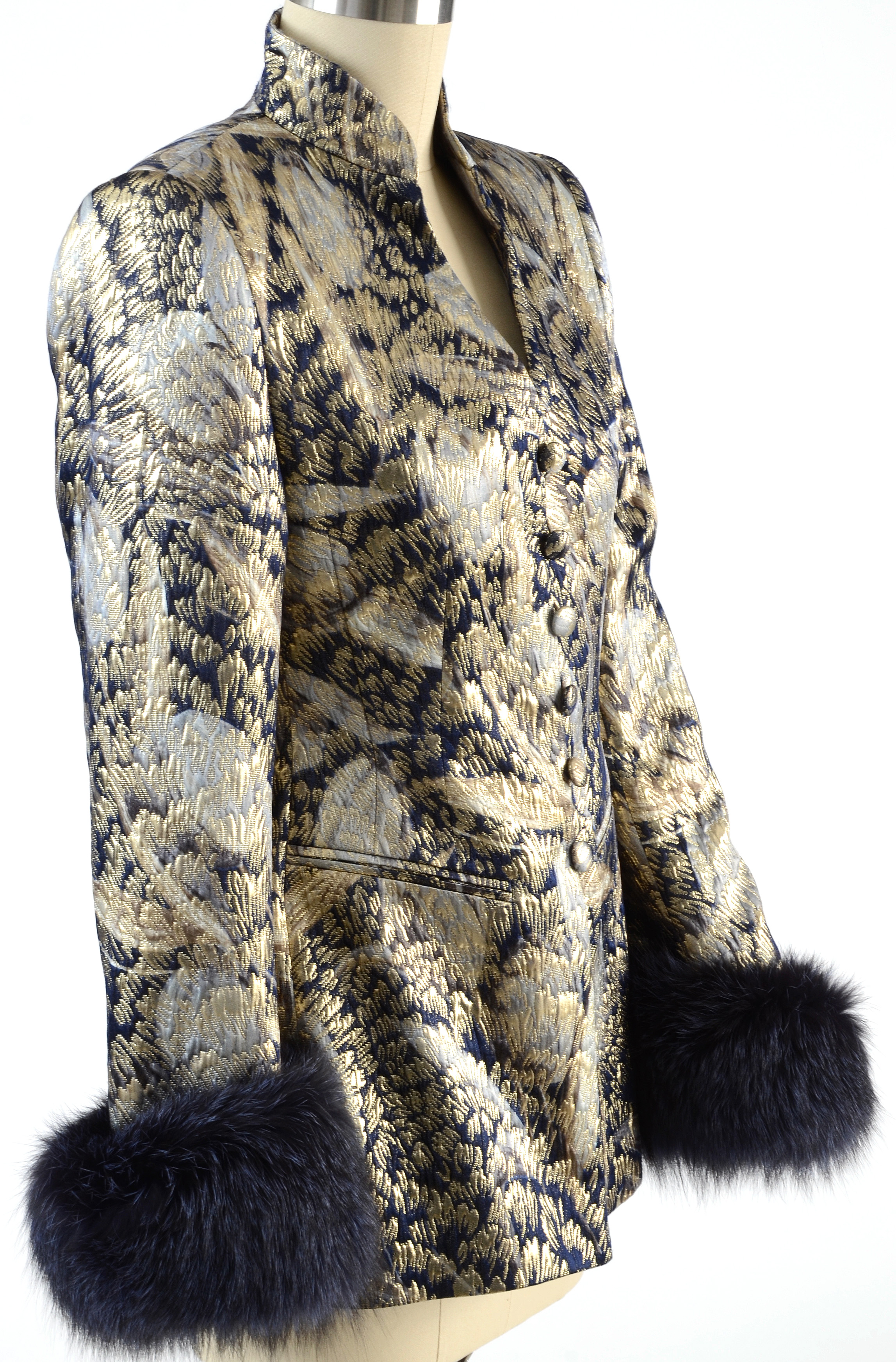 Escada Couture Metallic Gold and Midnight Blue Brocade Jacket with Dyed Fox Fur Sleeve Cuffs Susan Wore at "For the Love of Literacy" Benefit Auction
