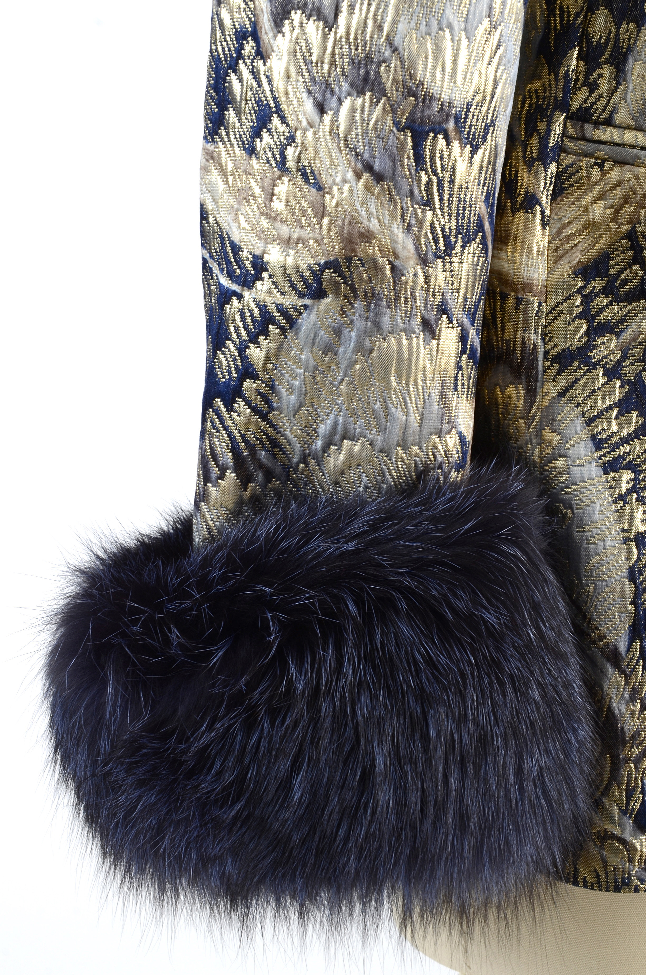 Escada Couture Metallic Gold and Midnight Blue Brocade Jacket with Dyed Fox Fur Sleeve Cuffs Susan Wore at "For the Love of Literacy" Benefit Auction