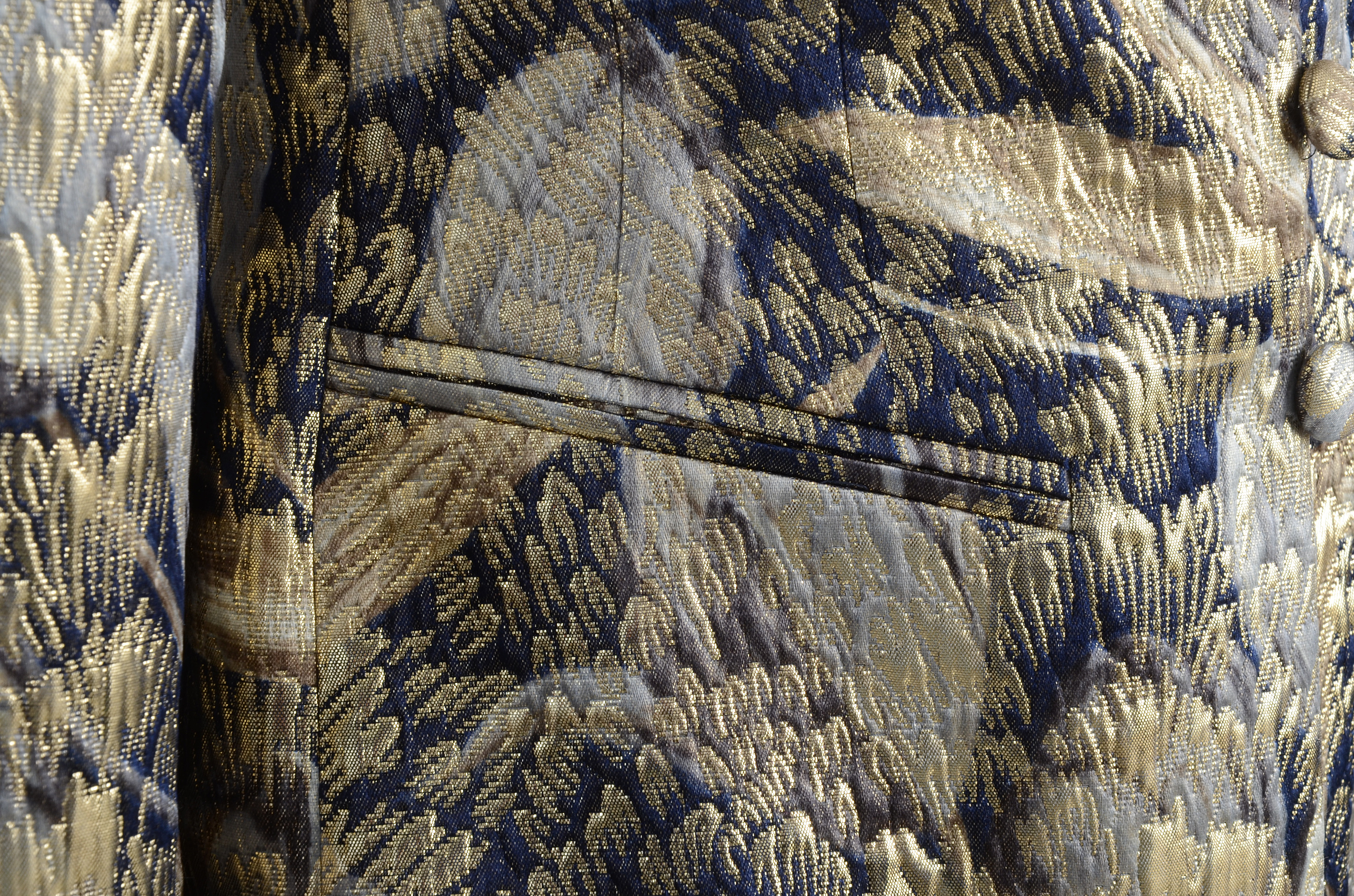 Escada Couture Metallic Gold and Midnight Blue Brocade Jacket with Dyed Fox Fur Sleeve Cuffs Susan Wore at "For the Love of Literacy" Benefit Auction