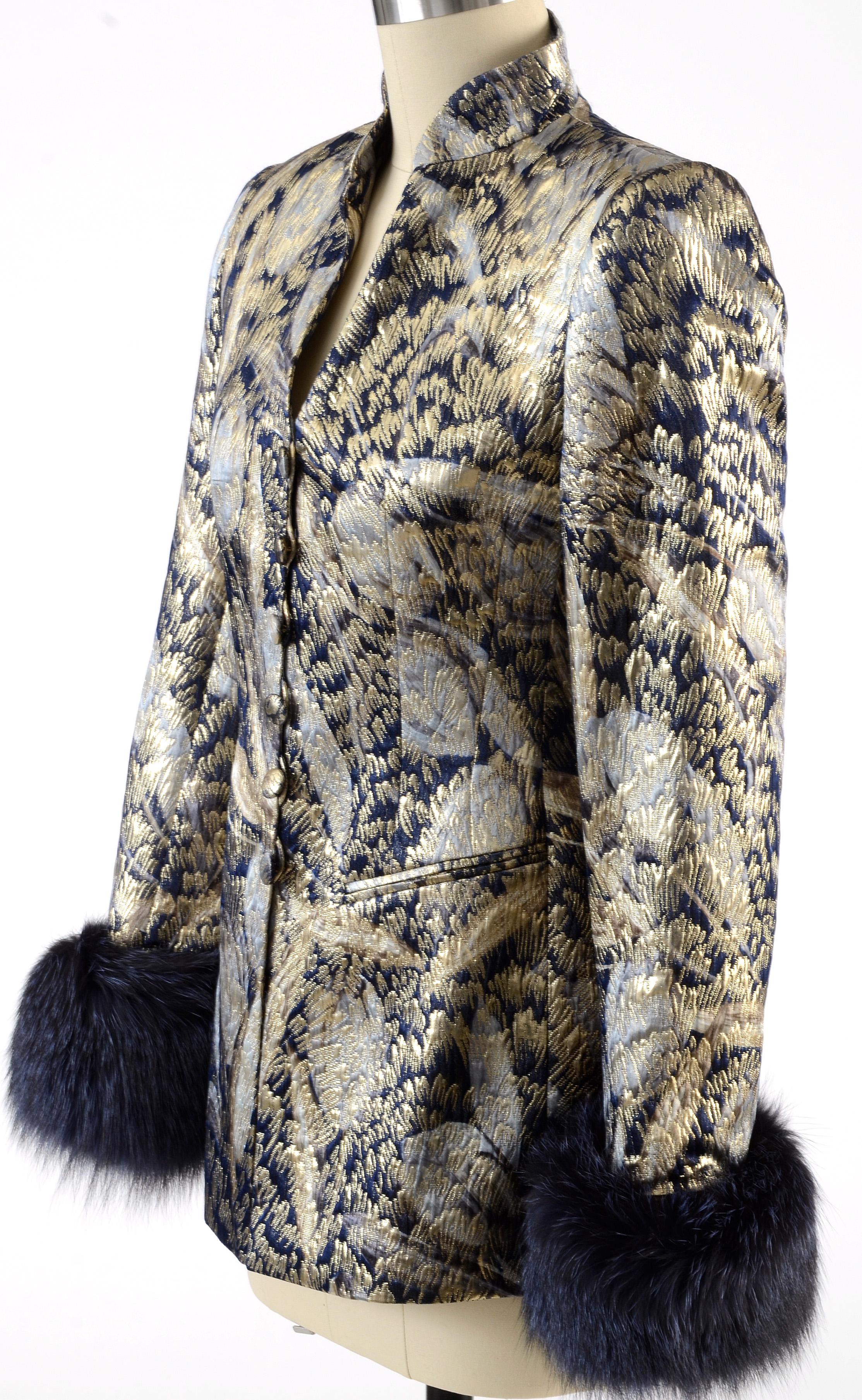 Escada Couture Metallic Gold and Midnight Blue Brocade Jacket with Dyed Fox Fur Sleeve Cuffs Susan Wore at "For the Love of Literacy" Benefit Auction