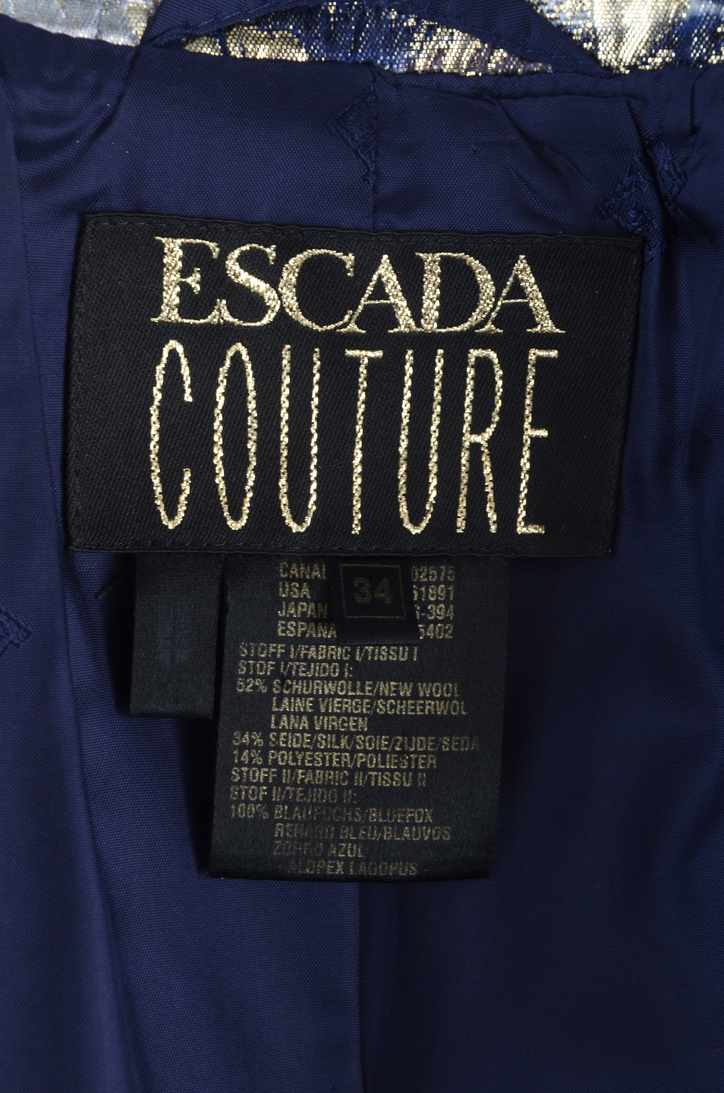 Escada Couture Metallic Gold and Midnight Blue Brocade Jacket with Dyed Fox Fur Sleeve Cuffs Susan Wore at "For the Love of Literacy" Benefit Auction