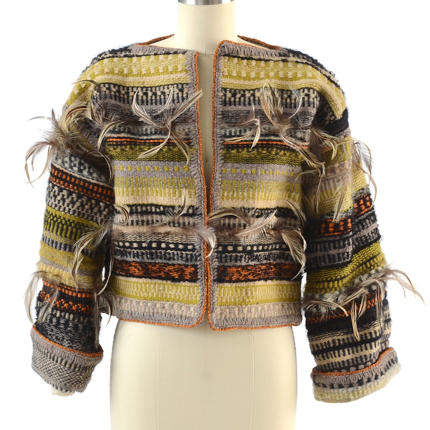 Michaele Vollbrach Wool Blanket Open Front Crop Jacket with Feathers