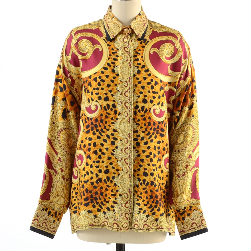 Gianni Versace Couture Soie Silk Print Button Front Blouse