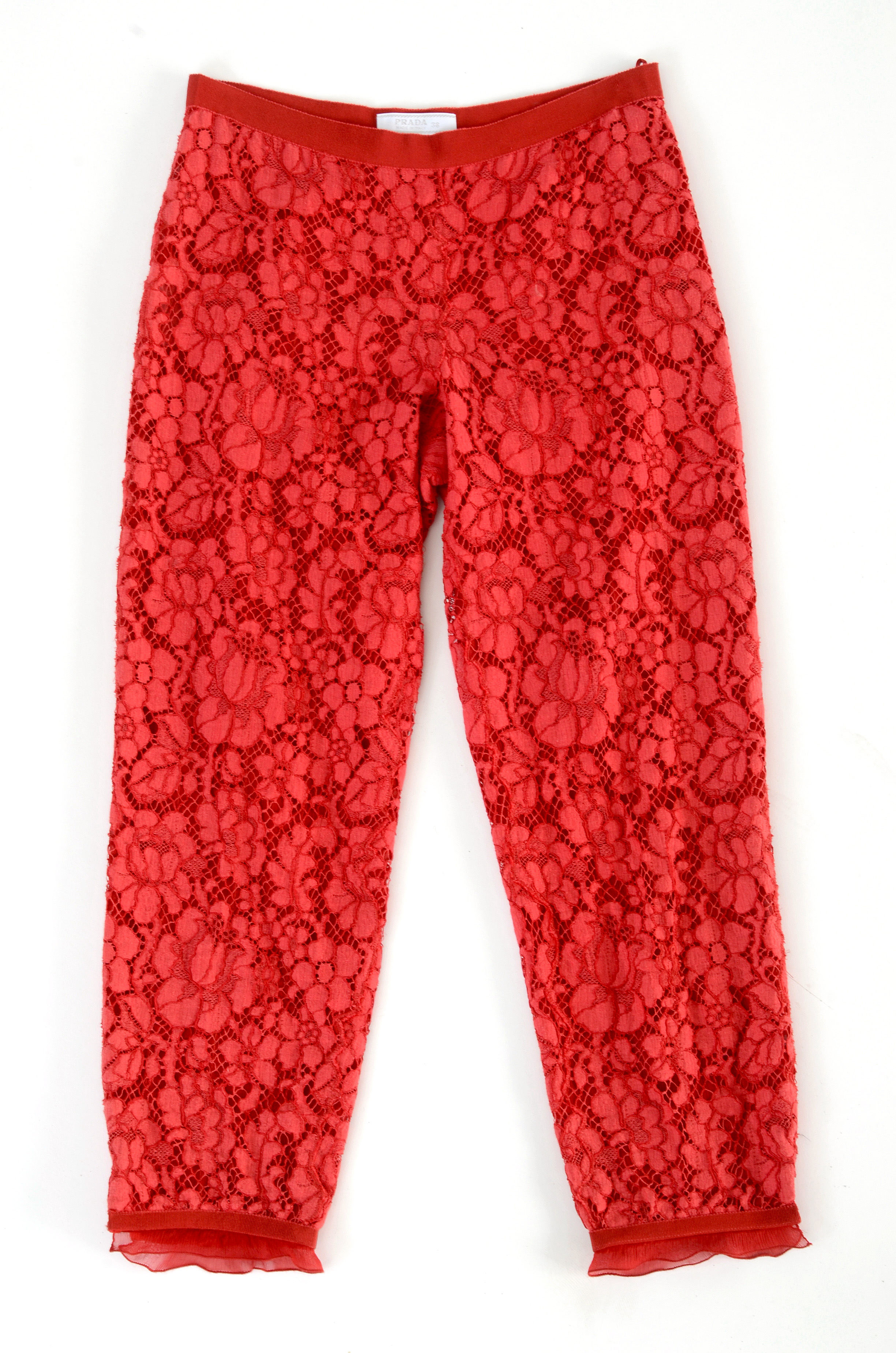Prada Red Silk and Floral Lace Cropped Trousers with Grosgrain Ribbon