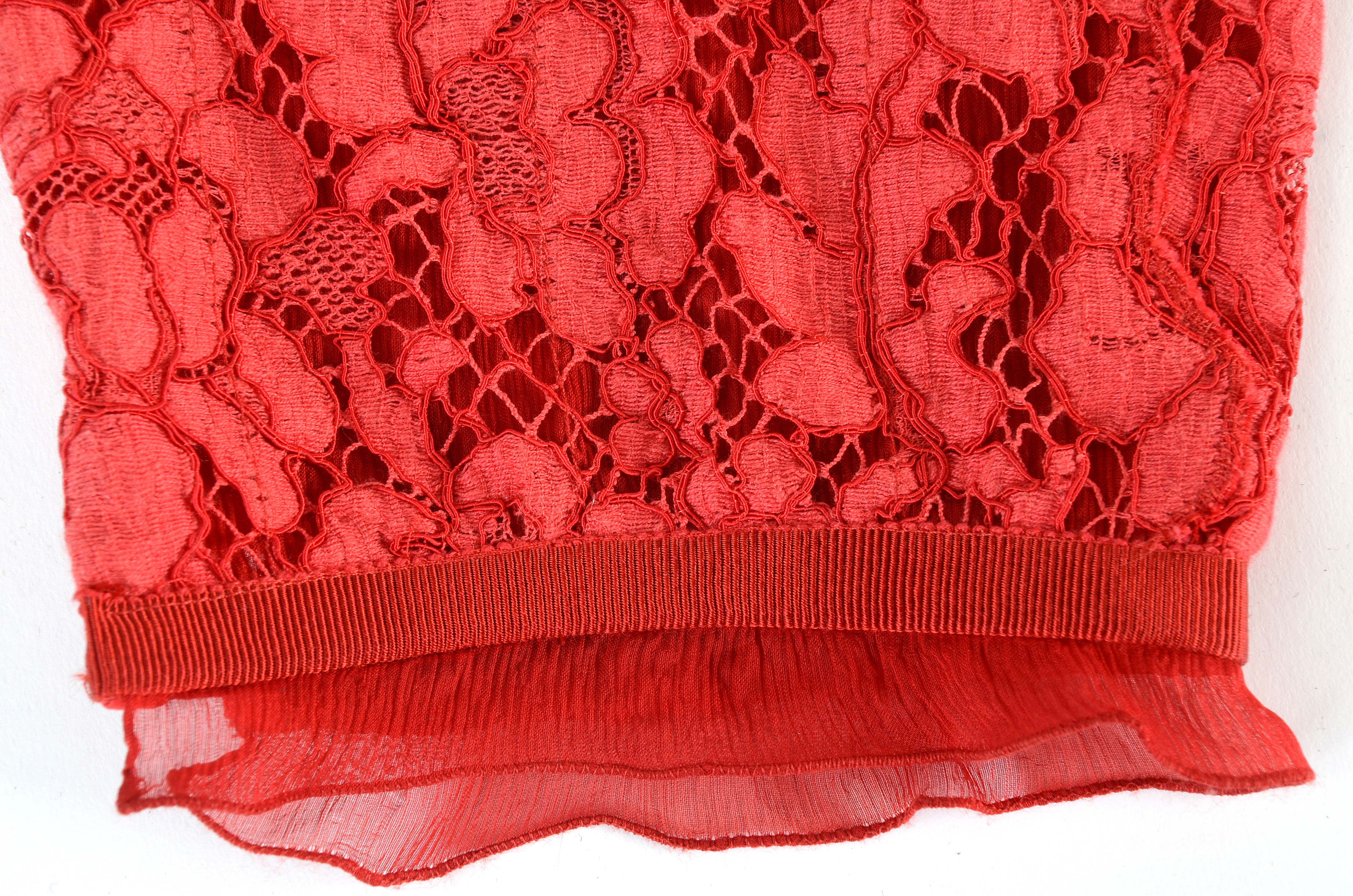 Prada Red Silk and Floral Lace Cropped Trousers with Grosgrain Ribbon