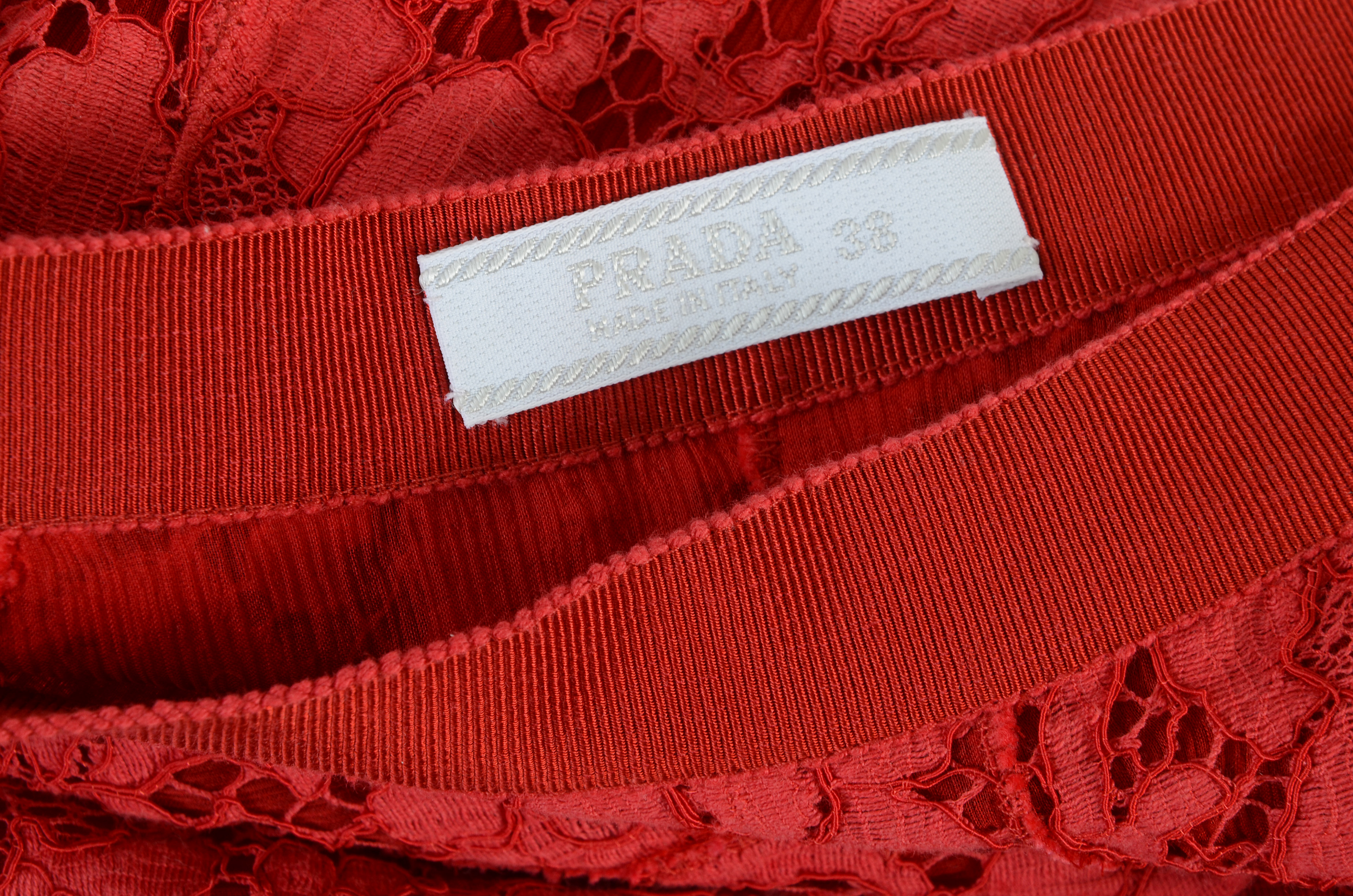 Prada Red Silk and Floral Lace Cropped Trousers with Grosgrain Ribbon