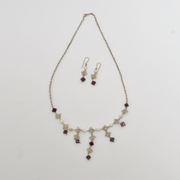 Rhodolite, Pearl and Sterling Silver Necklace and Earrings