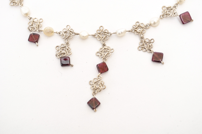 Rhodolite, Pearl and Sterling Silver Necklace and Earrings