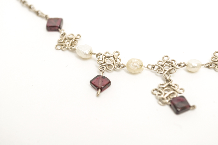 Rhodolite, Pearl and Sterling Silver Necklace and Earrings