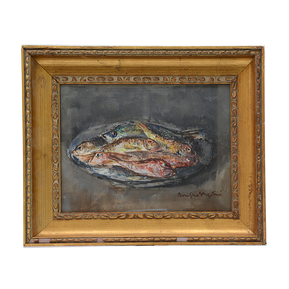 Signed French Original Mixed Media Still Life Painting of Fish
