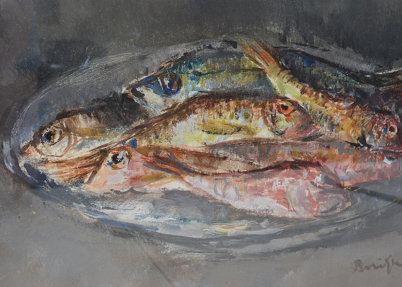 Signed French Original Mixed Media Still Life Painting of Fish