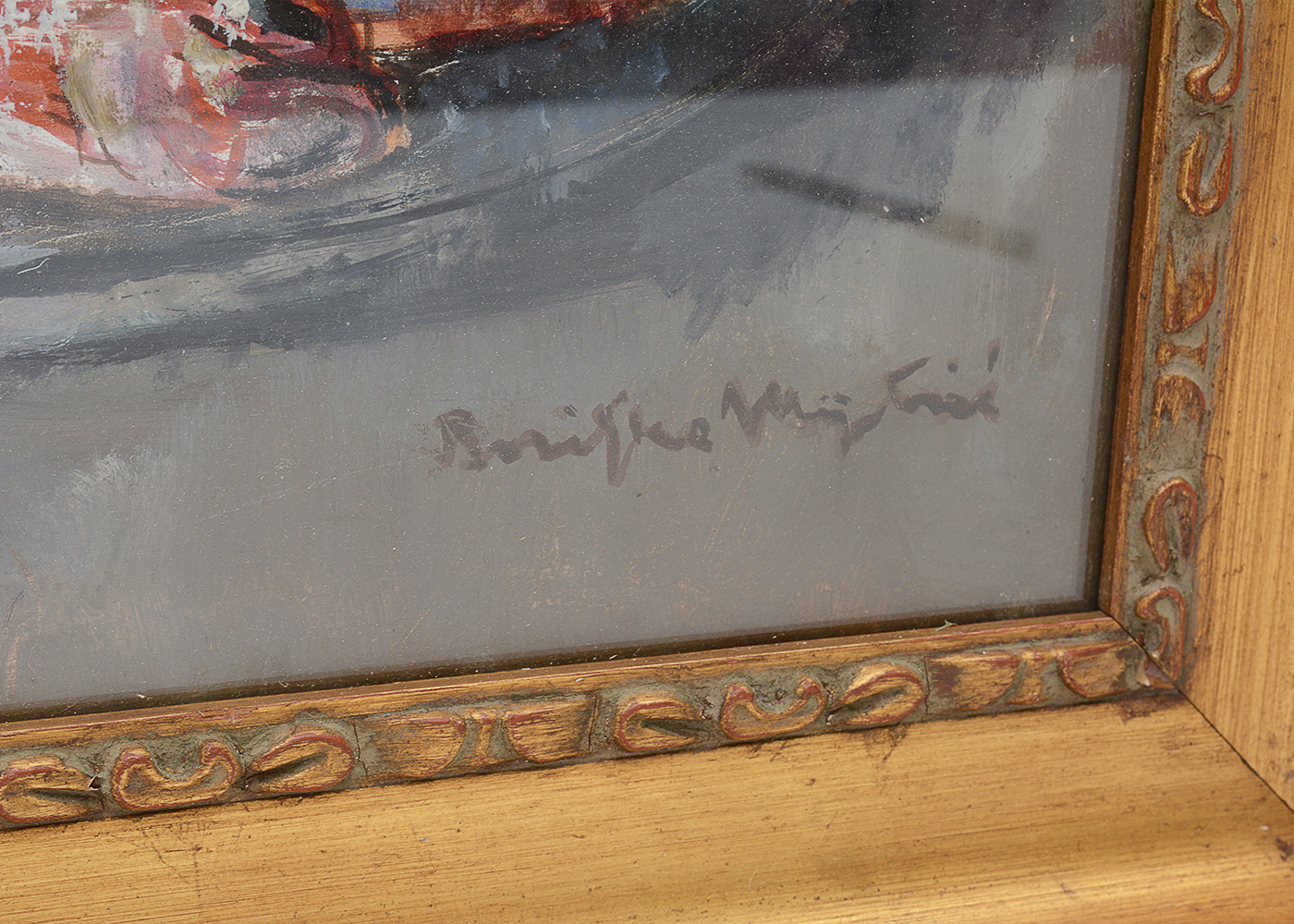 Signed French Original Mixed Media Still Life Painting of Fish