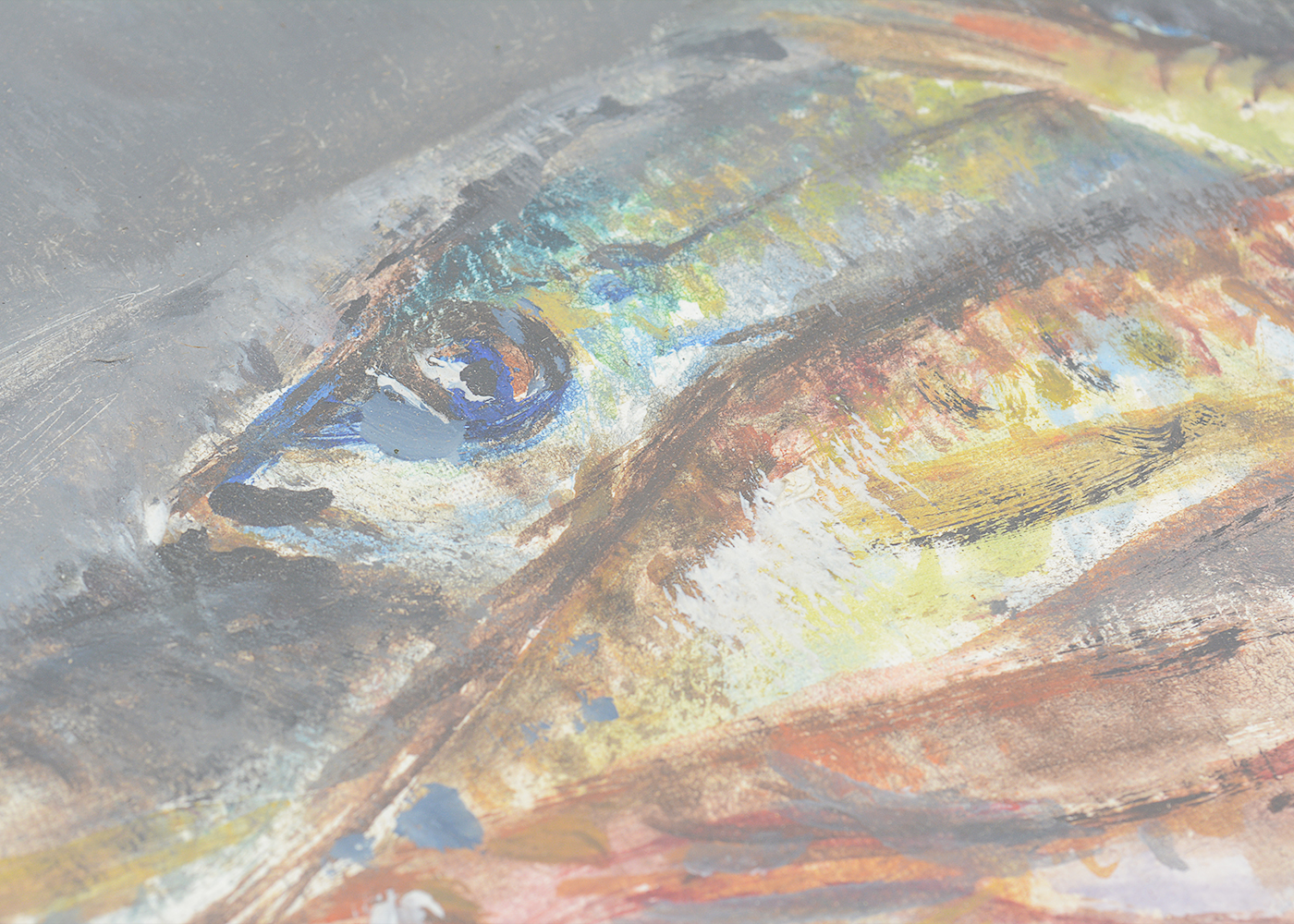 Signed French Original Mixed Media Still Life Painting of Fish