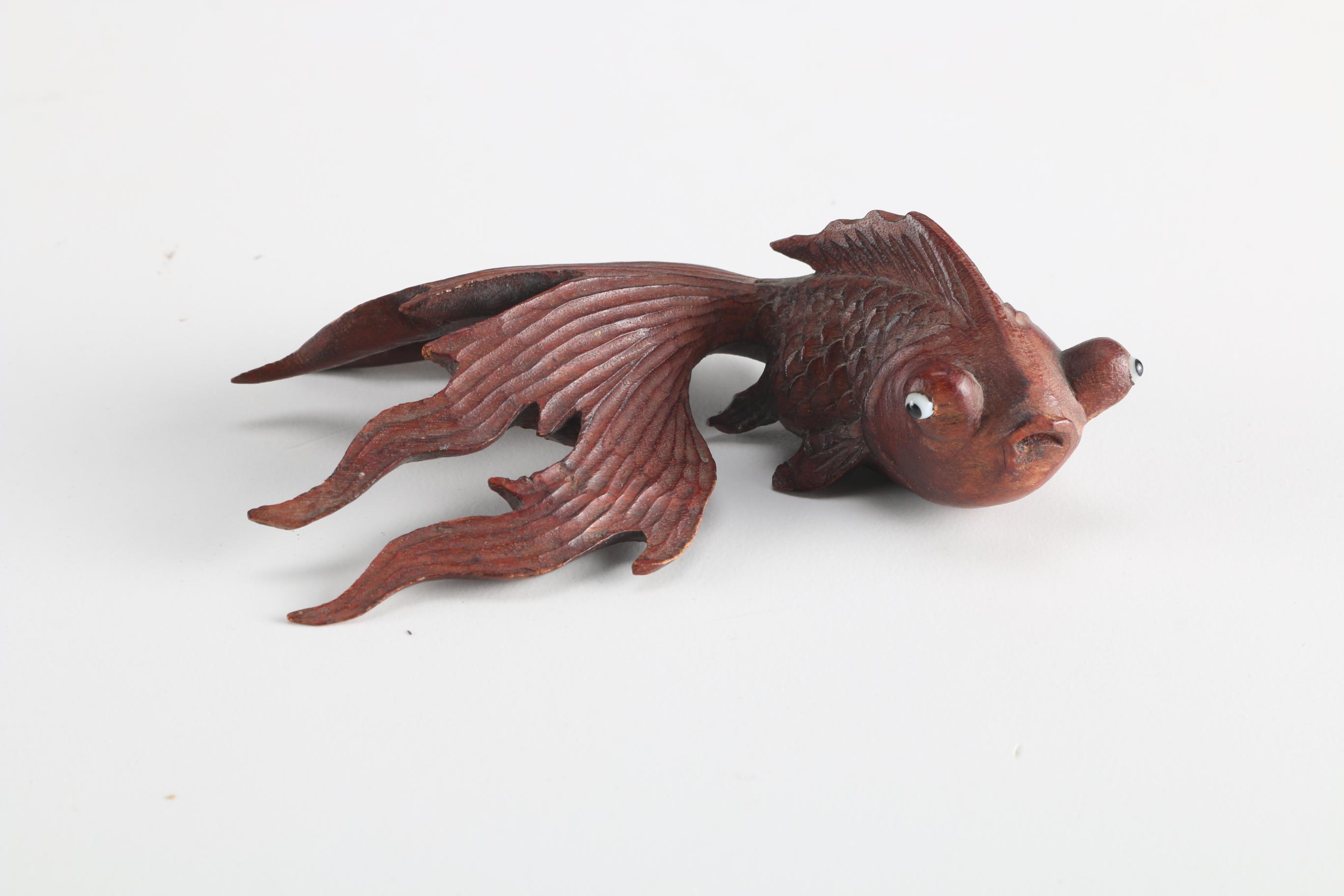 Chinese Carved Wooden Goldfish Figurine with Glass Eyes