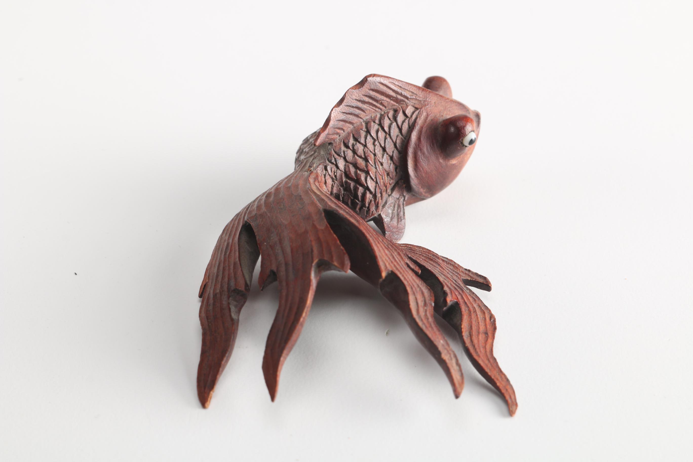 Chinese Carved Wooden Goldfish Figurine with Glass Eyes