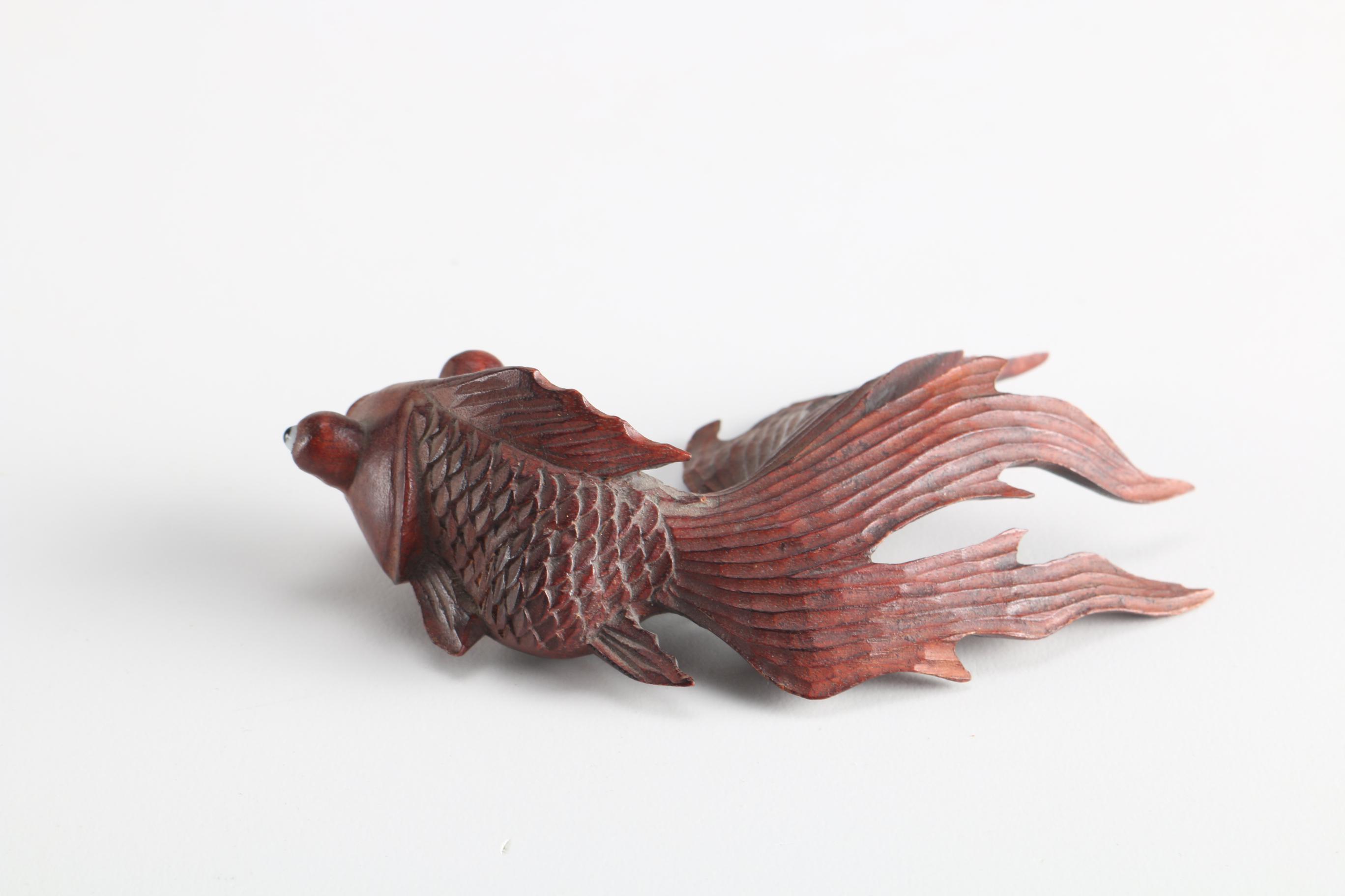 Chinese Carved Wooden Goldfish Figurine with Glass Eyes