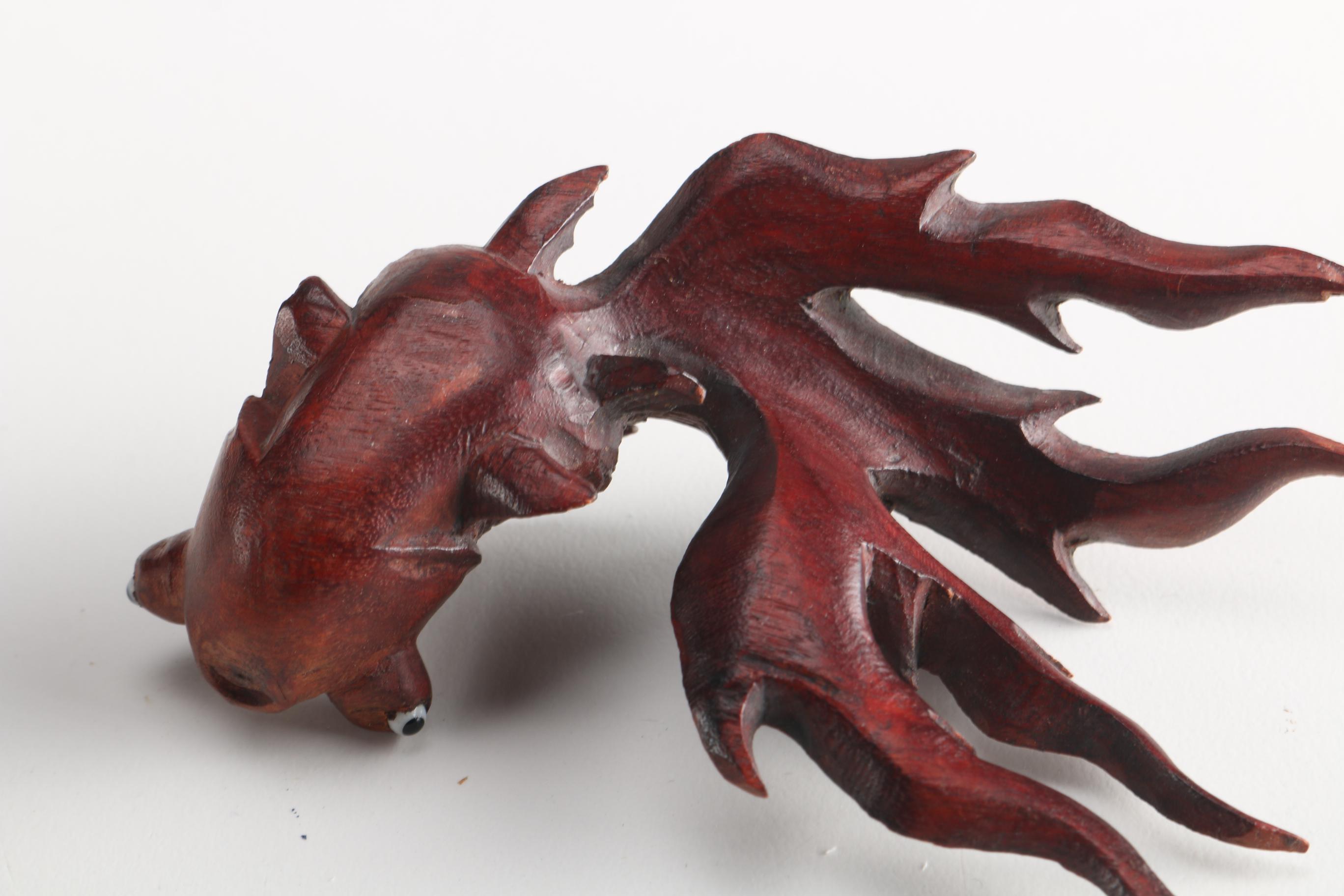Chinese Carved Wooden Goldfish Figurine with Glass Eyes