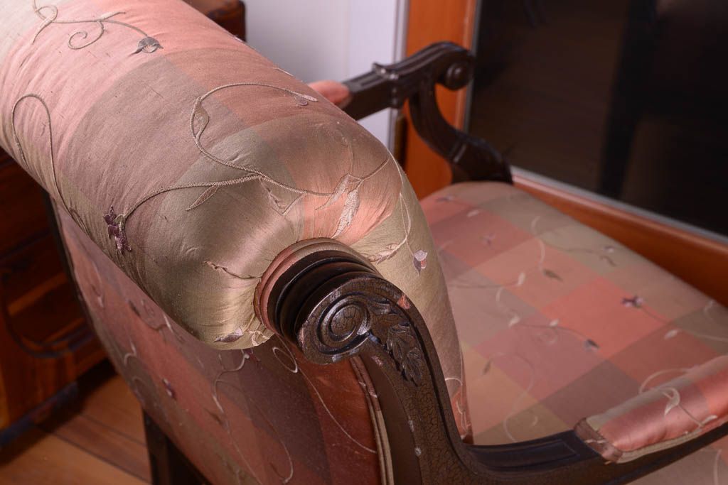 Upholstered Wood Carved Armchair with Vintage Frame